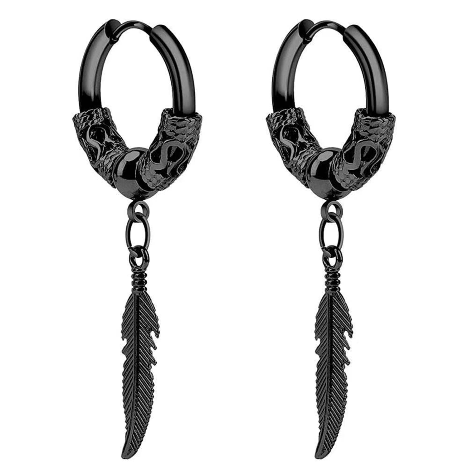 Stainless Steel Punk Drop Dangle Hinged Earrings - Gothic Feather Hoop Earrings for Men & Women | Perfect for Concerts, Parties & Alternative Fashion