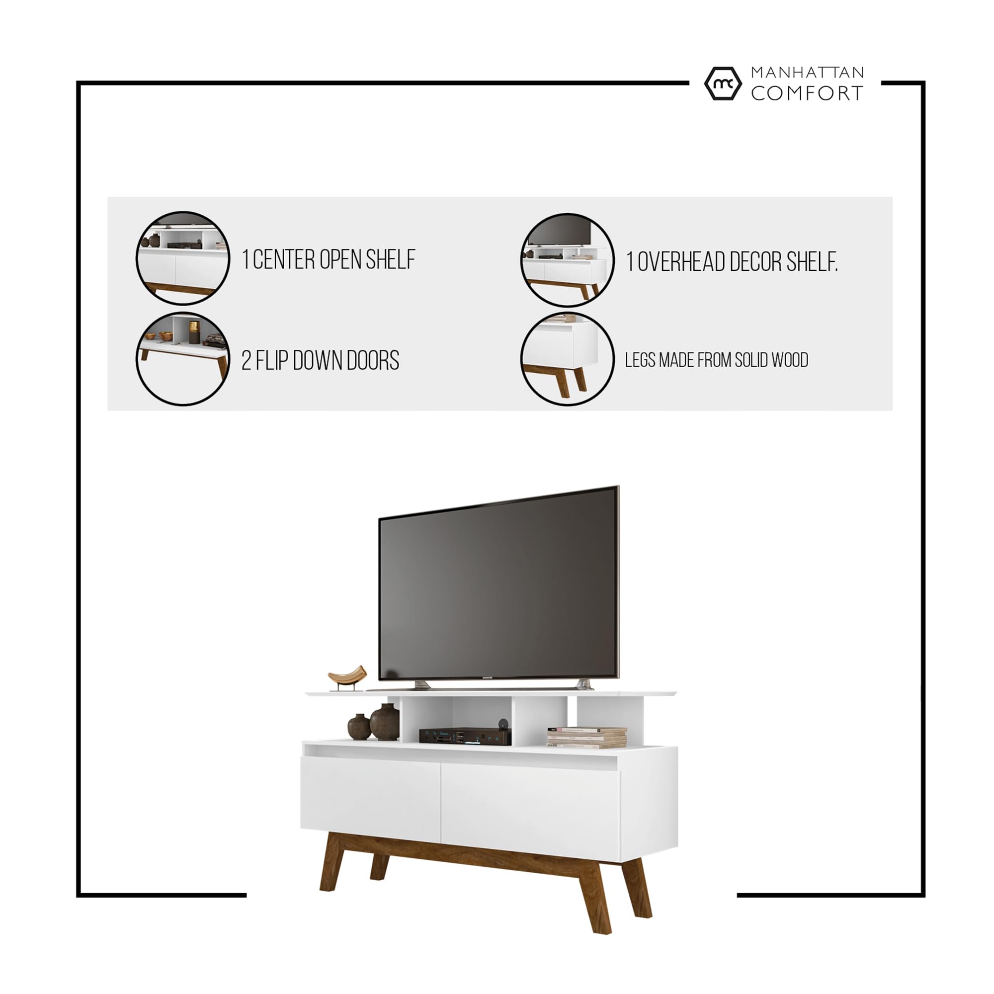 Mid Century Modern TV Stand with Storage - 71 Inch Rustic Brown Media Console, 3 Flip Down Doors & Wire Management Hole, Fits 60