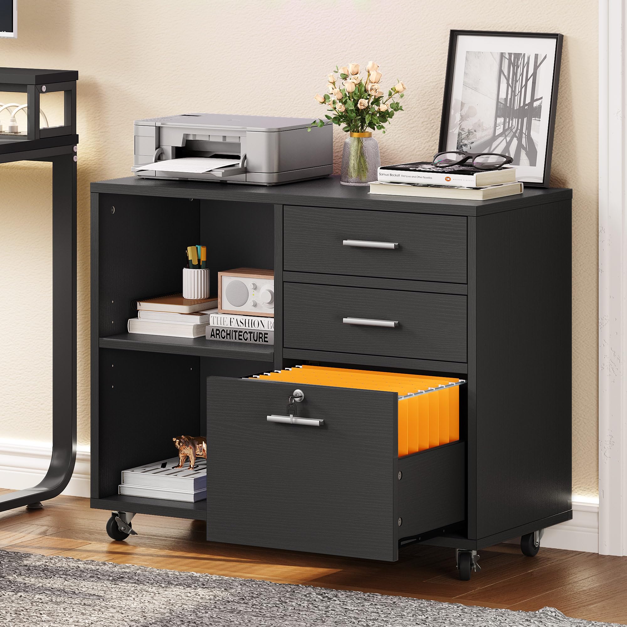 YITAHOME 3-Drawer Wooden File Cabinet with Lock - Mobile Lateral Storage Cabinet & Printer Stand for Home Office Organization - Black Office Furniture - Perfect for Document Storage, Printer Placement & Workspace Organization