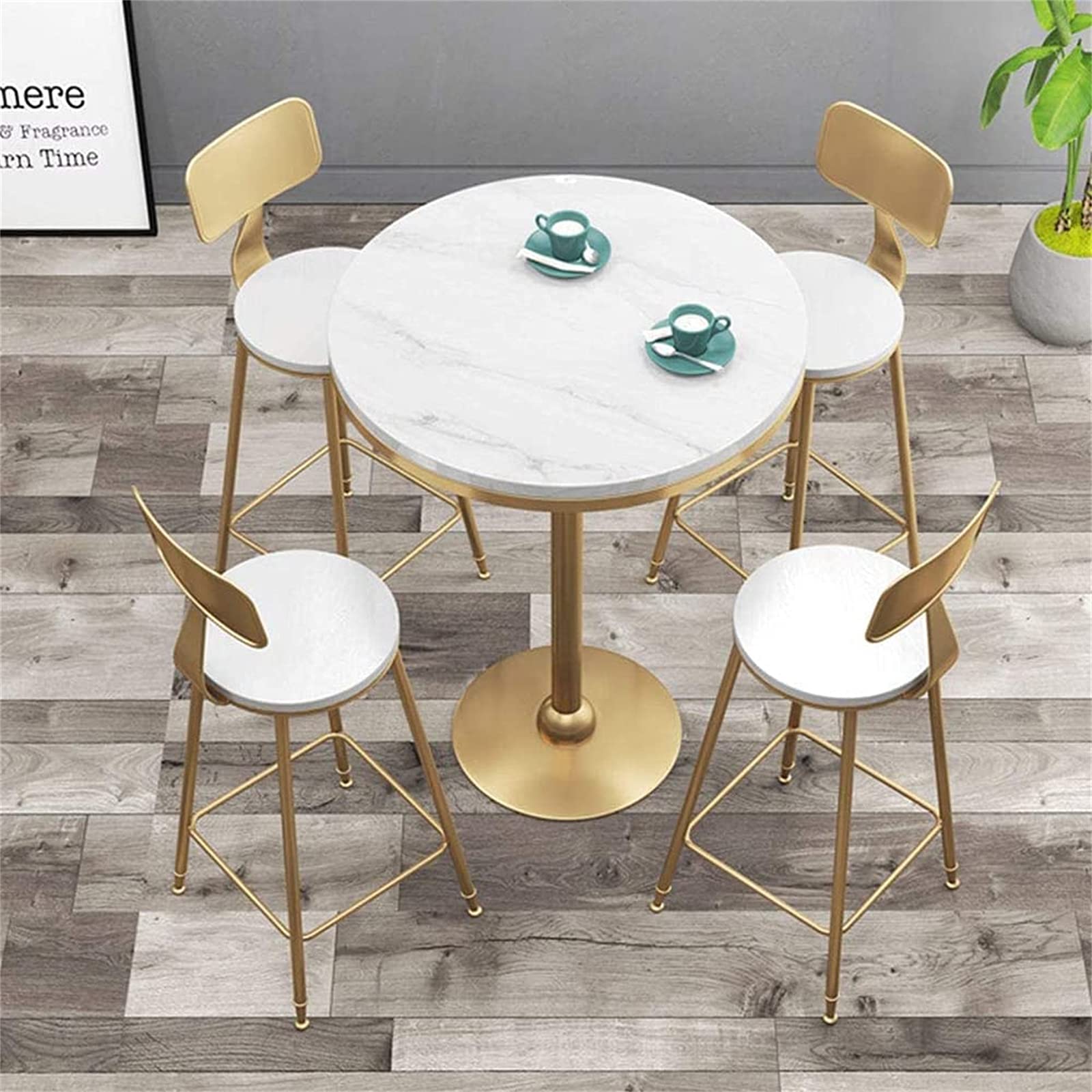 Modern Gold Bar Table with Marble Top - Round Cocktail Table with Sturdy Metal Base - Easy Assembly High Counter for Kitchen, Dining Room & Home Bar Decor