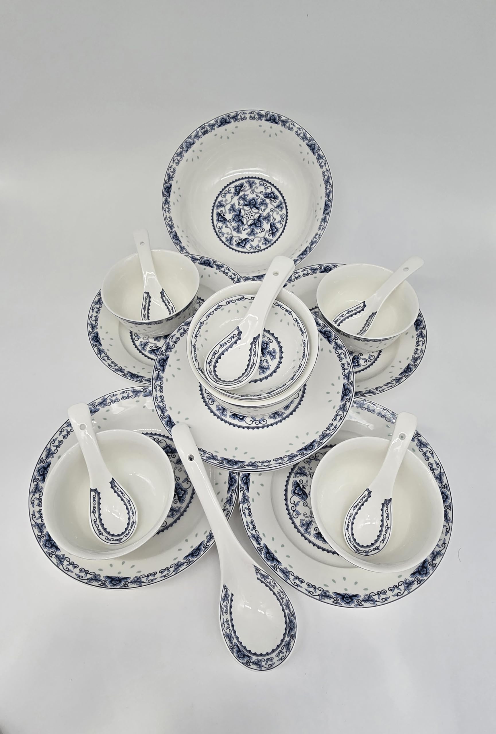 28-Piece Blue and White Bone China Dinnerware Set - Service for 6 with Rice Bowls - Handcrafted Jingdezhen Porcelain (Blue Lotus) - Elegant Tableware for Weddings, Restaurants & Special Occasions