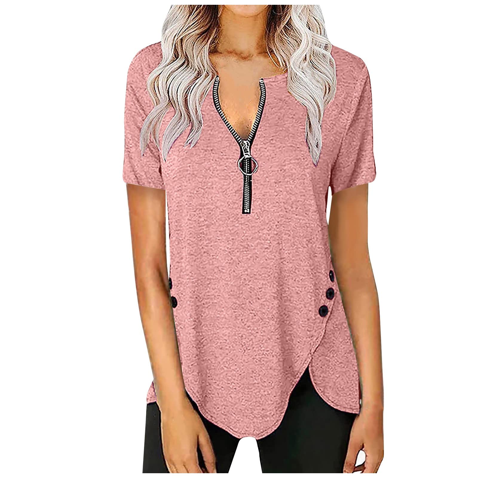 Women's Casual Short Sleeve Blouses - Flowy Zipper Tunic Top with V-Neck & Side Buttons | Perfect for Summer Outfits, Office Wear & Casual Dates
