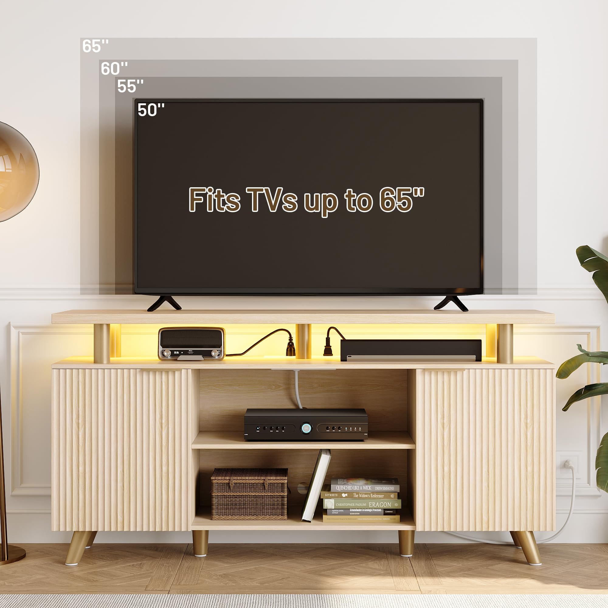 Lulive 65 Inch Fluted TV Stand with Power Outlet & LED Lights - Modern Wood Entertainment Center with 2 Cabinets & 3 Open Shelves - Natural Oak TV Console Table for Living Room (15.7