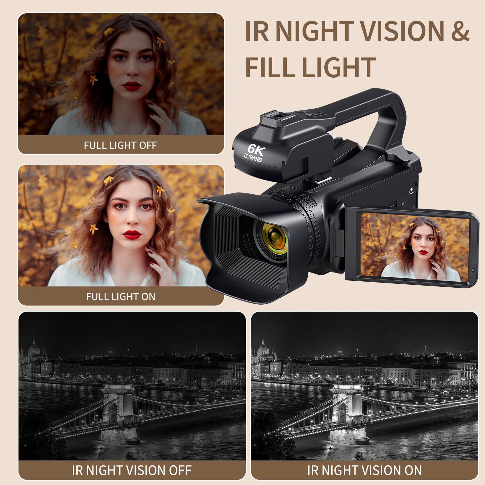 6K 64MP Digital Video Camera Camcorder with 18X Zoom, IR Night Vision & WiFi - 4.0
