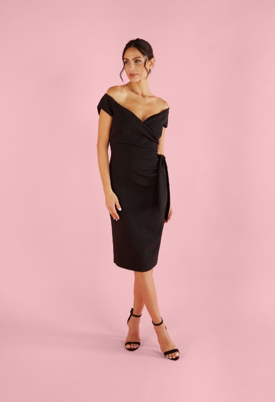 Elegant Black Off The Shoulder Pencil Dress by Hourglass - Perfect for Cocktail Parties, Date Nights & Formal Events
