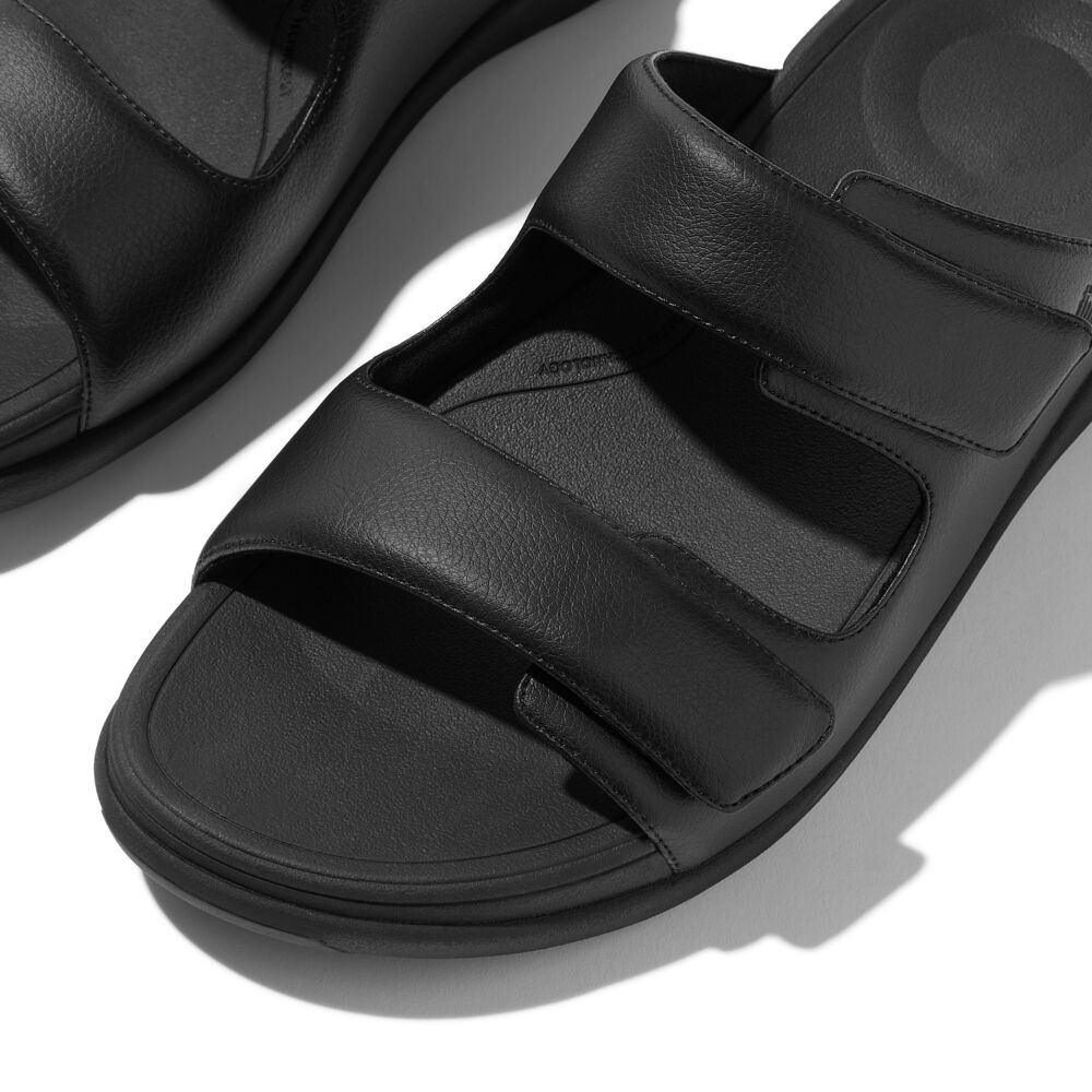 FitFlop Men's F-Mode Go Adjustable Two-Bar Slide Sandals - All Black | Comfortable & Supportive Footwear for Walking, Travel & Casual Wear