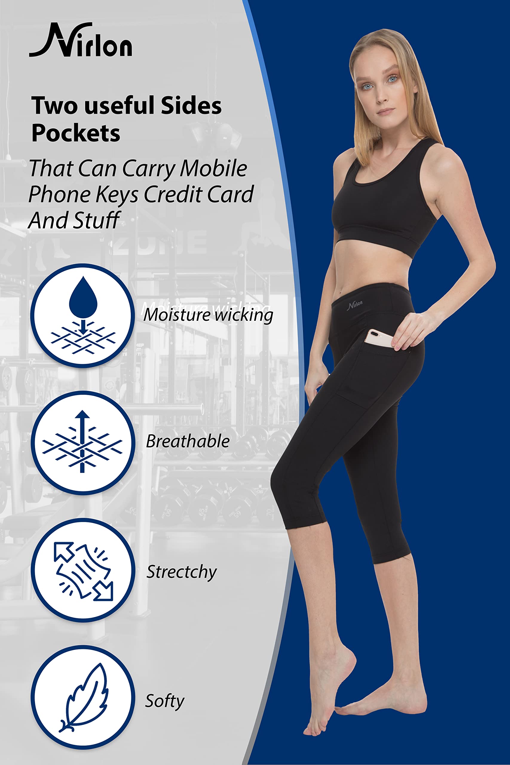 Nirlon Women's High Waisted Capri Leggings with Pockets - Breathable Workout Yoga Pants for Running, Gym & Casual Wear