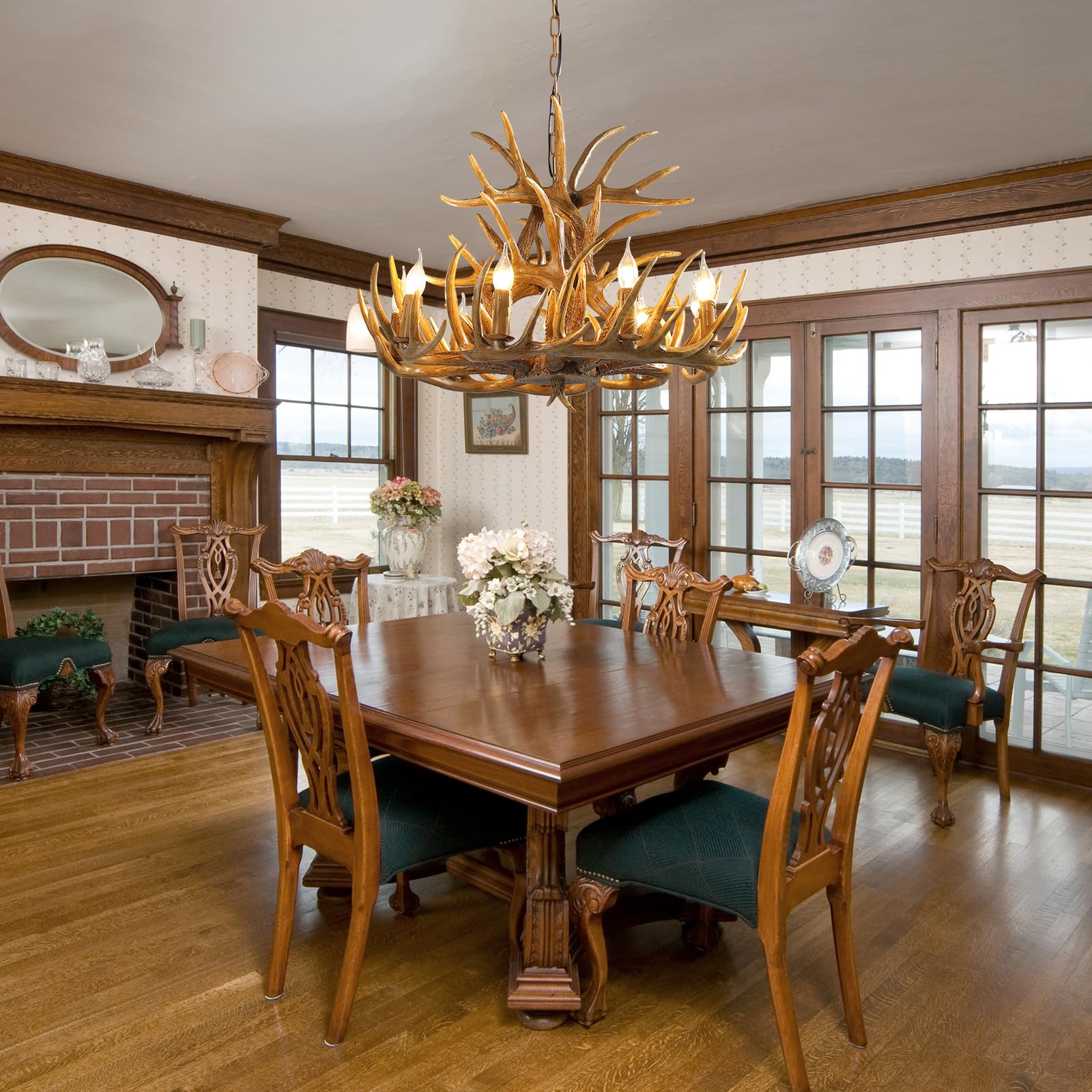 Adjustable Chain Deer Antler Chandelier - 9-Light Farmhouse Lighting Fixture for Dining Room, Kitchen, Living Room | Rustic Cabin Decor for High Ceilings | Perfect for Home, Bar & Cafe Ambiance