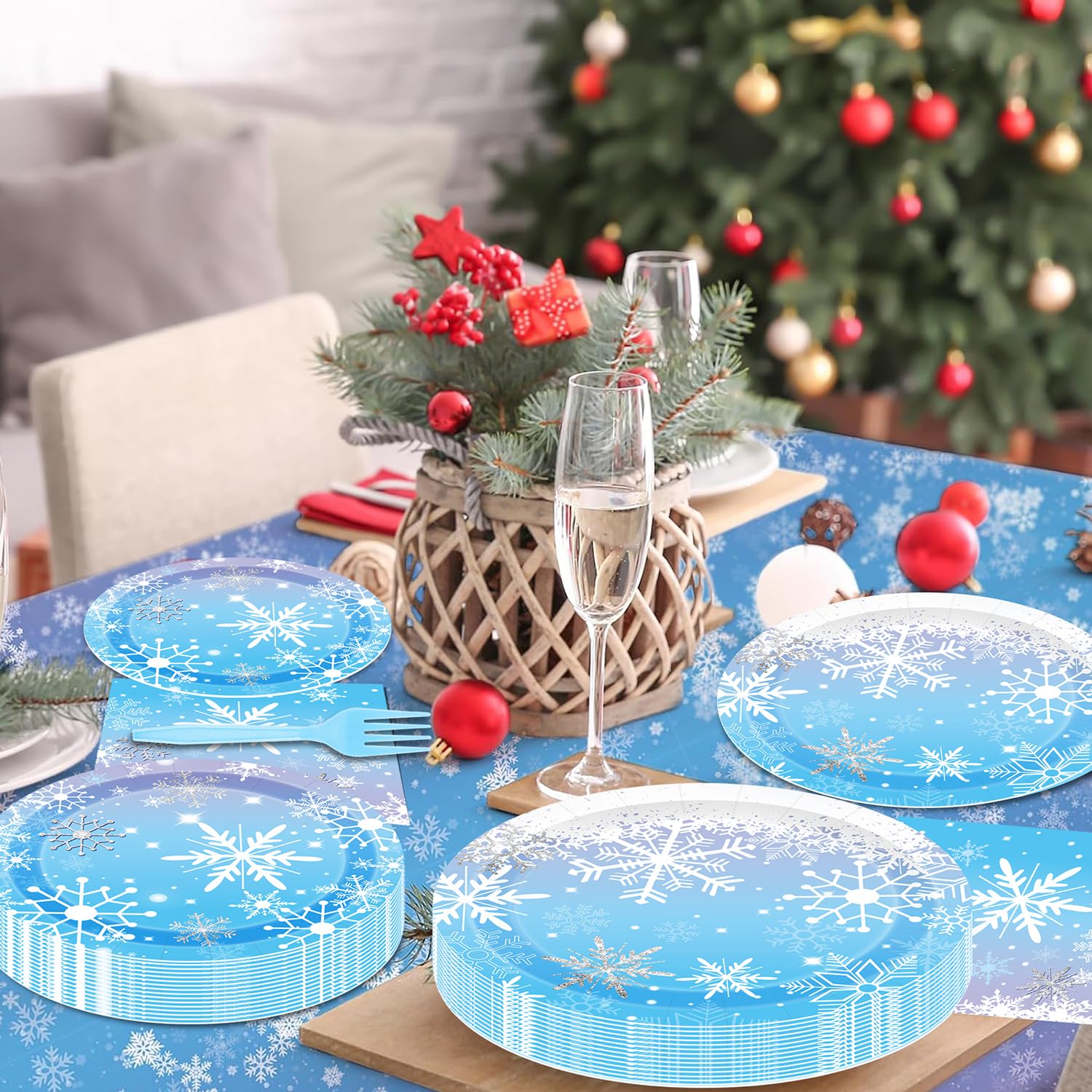 96 PCS Winter Snowflake Disposable Tableware Set - Christmas Paper Plates, Napkins, Forks for Frozen-Themed Birthday Party Decorations | Holiday Dinnerware for Winter Wonderland & Christmas Celebrations