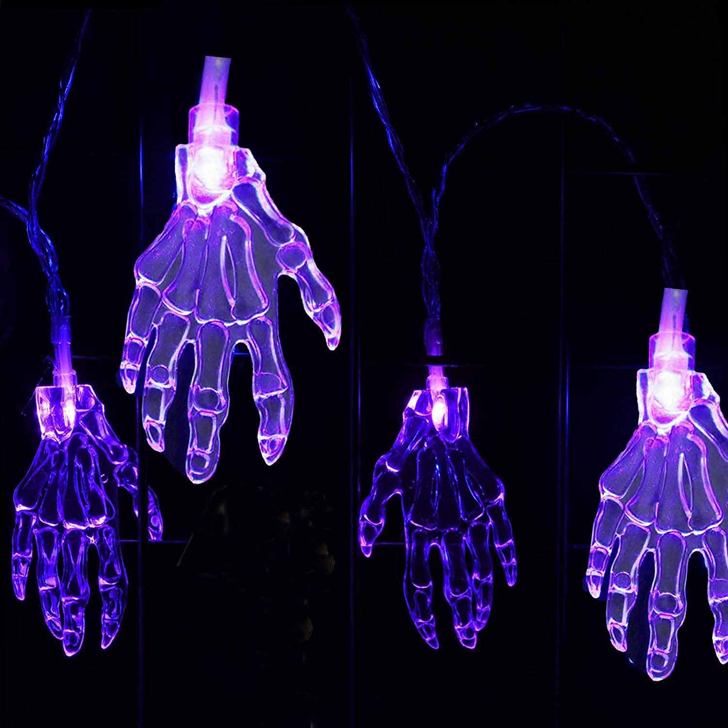 SNOMYRS 21ft 30Pcs LED Skeleton Hand String Lights - Battery Operated Halloween Decor with 8 Lighting Modes, Purple - Perfect for Halloween Party Decorations, Haunted House Props, Spooky Room Lighting & Outdoor Yard Decor
