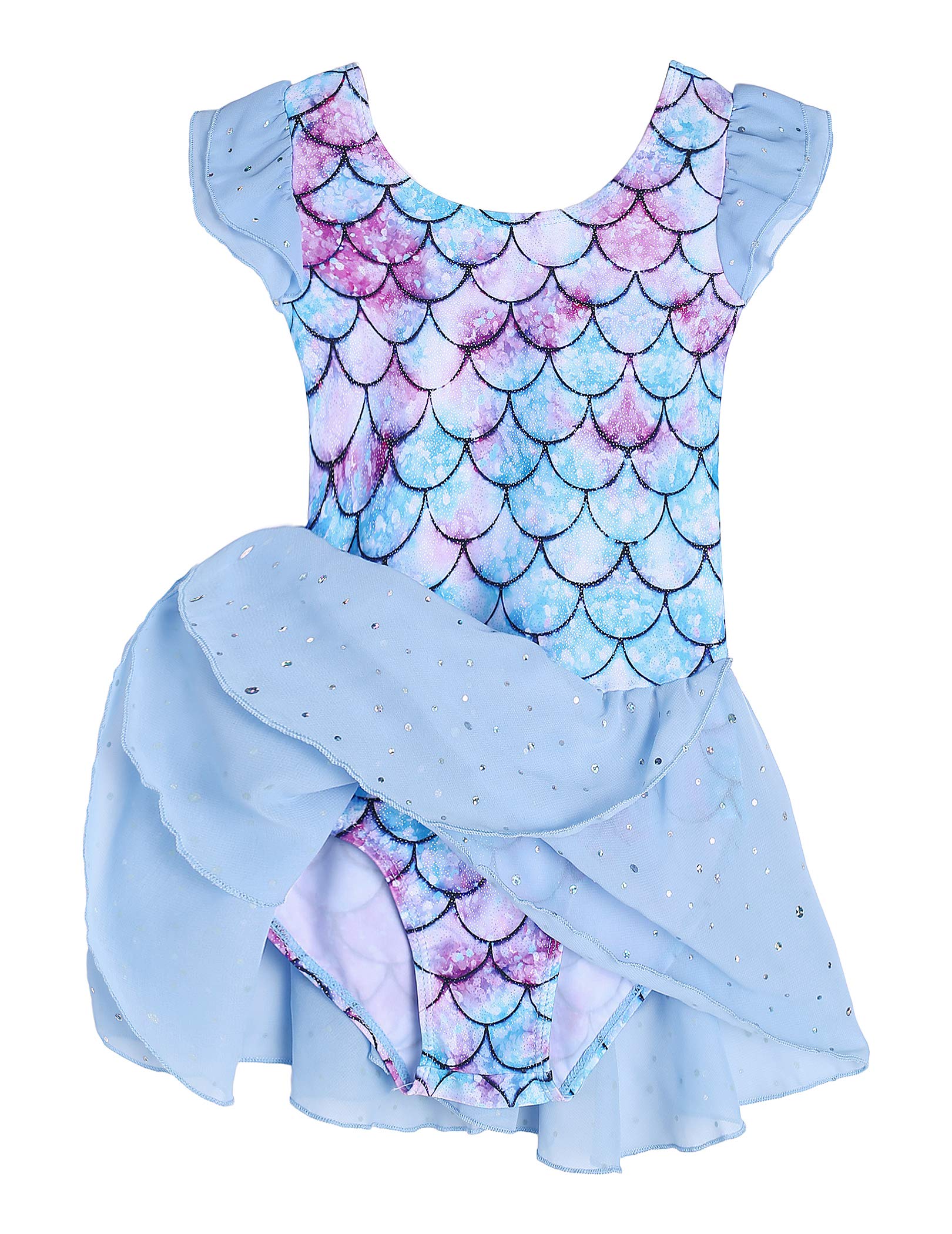 Boyoo Girls Ballet Leotard with Tutu Skirt - Ruffle Sleeve Sparkle Dance Dress for Ages 3-11 (Mermaid, 3-4T) - Perfect for Recitals, Performances, Ballet Class, Dance Competitions & Birthday Parties