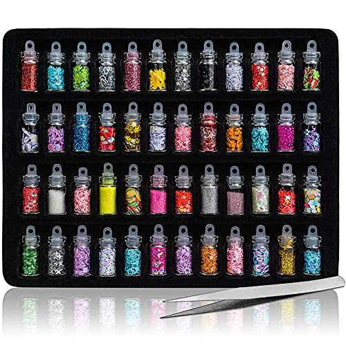 Belicia 48-Piece 3D Nail Art Mini Glass Bottles Set with Free Tweezer - DIY Nail Decoration for Gel Polish, Acrylic Nails & Manicure Accessories - Perfect for Home Salon, Nail Artists & Gift Ideas