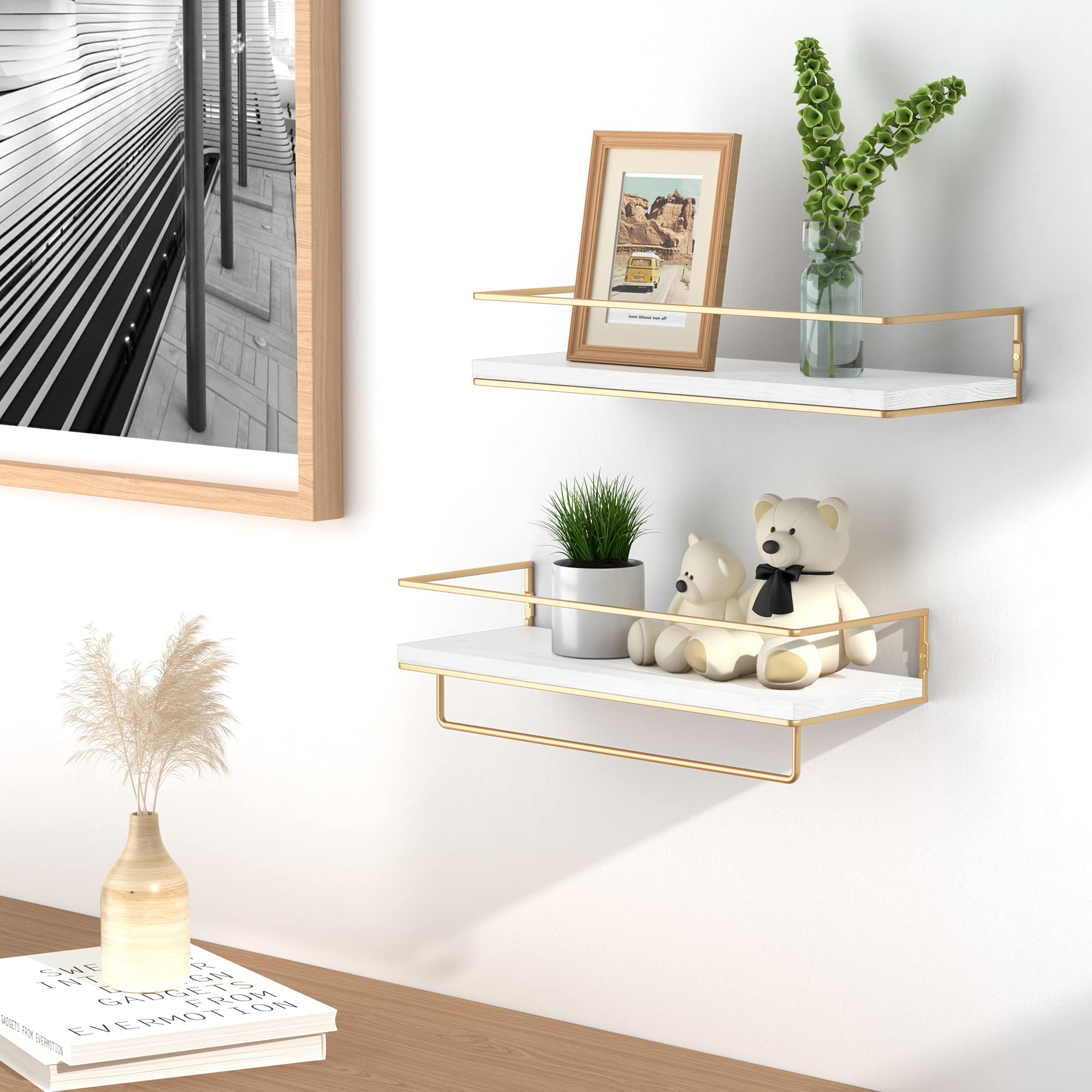 White Floating Shelves with Gold Towel Rack - Wall Mounted Storage Shelves for Bathroom, Kitchen & Bedroom - Set of 2 - Perfect for Organizing Towels, Decor & Essentials in Small Spaces