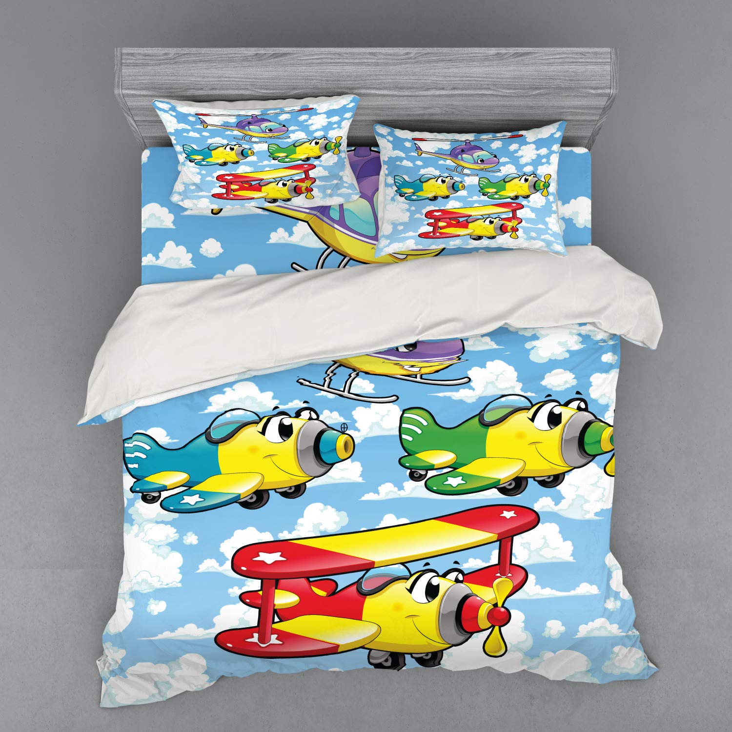 Ambesonne Cartoon Airplane & Helicopter Bedding Set - 3 Piece Duvet Cover with Sham & Fitted Sheet, King Size, Colorful Cloud Sky Print - Perfect for Kids' Rooms & Aviation-Themed Bedrooms