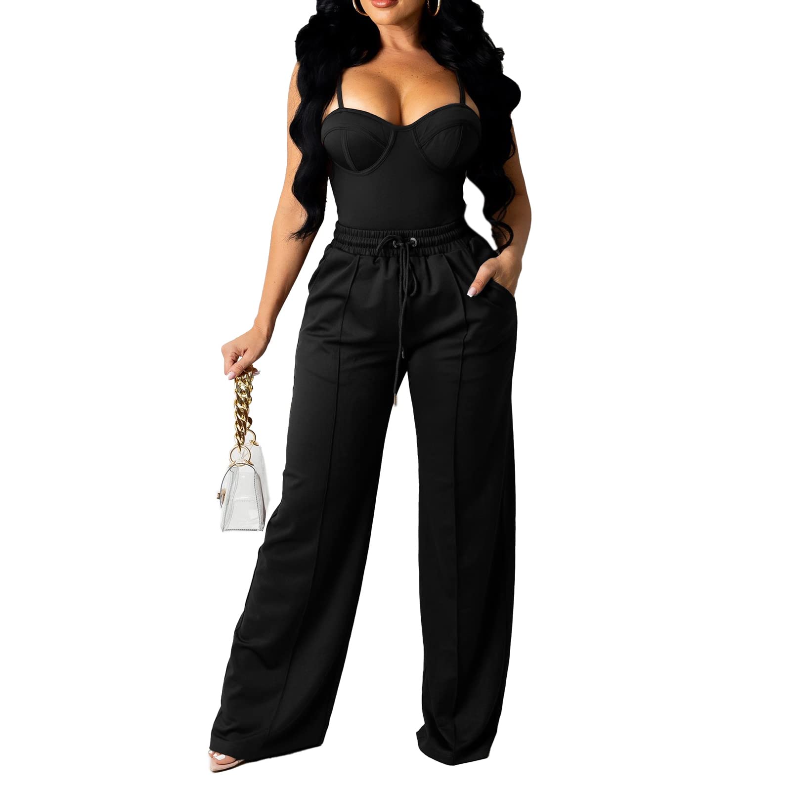 Women's Summer Outfits - Solid Color Sleeveless Camisole Crop Top & Casual Drawstring Wide Leg Pants Set | Breathable Comfort for Beach, Vacation & Everyday Wear