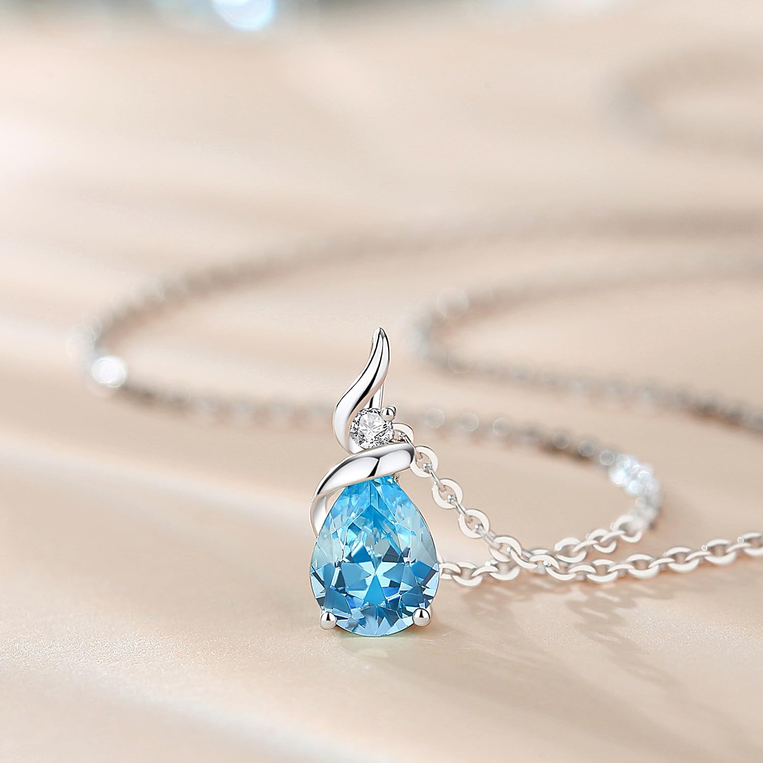 14K Solid White Gold Pear Necklace with 0.04 Ct Diamond & Birthstone Pendant - 925 Sterling Silver Chain for Women | Elegant Fine Jewelry Gift for Birthday, Anniversary & Special Occasions