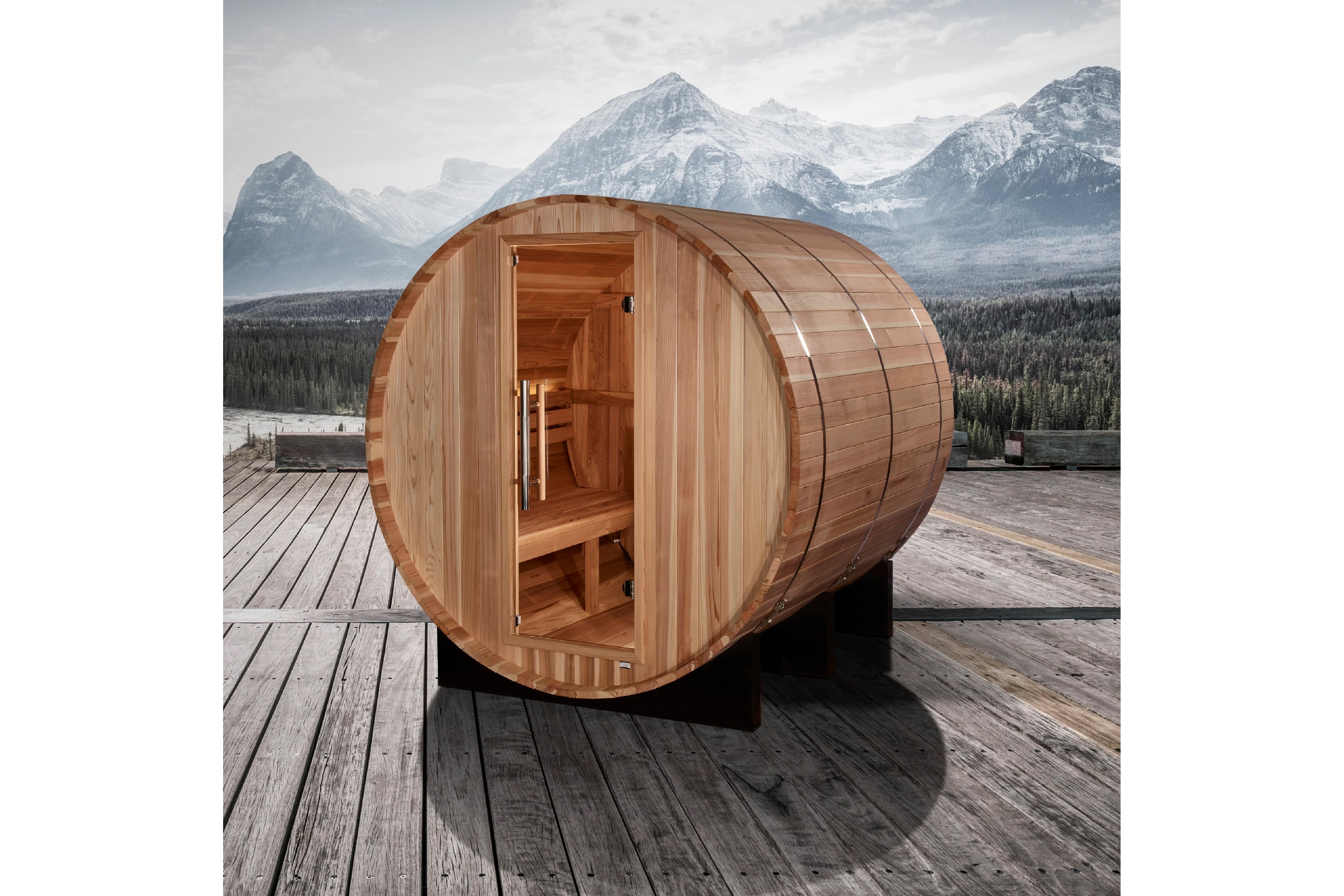 Golden Designs Arosa 4-Person Barrel Sauna - Traditional Wooden Home Spa for Relaxation & Detox - Perfect for Backyard, Basement or Home Gym Use
