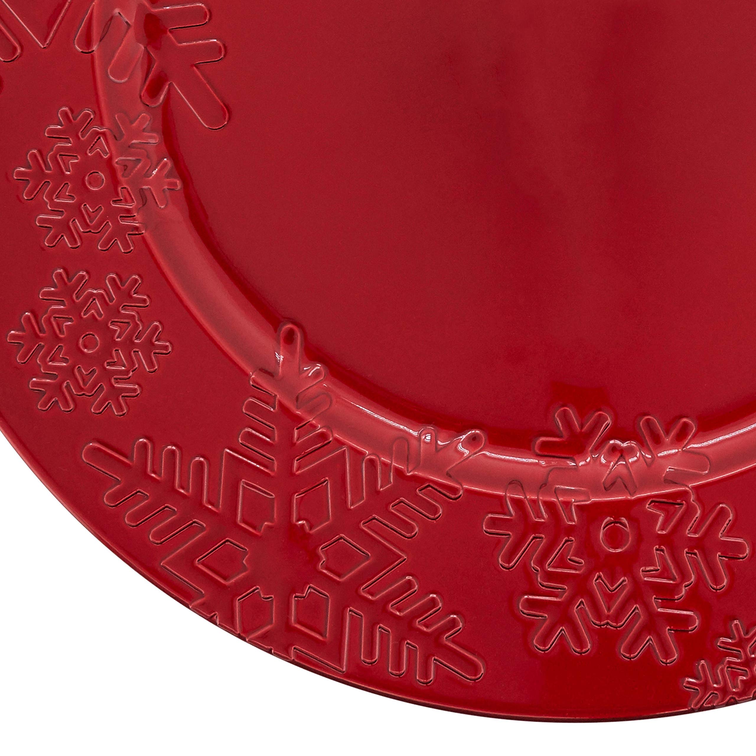 Snowflake Design Red Plastic Charger Plates - Set of 4 for Holiday Dinner Parties & Christmas Table Decor