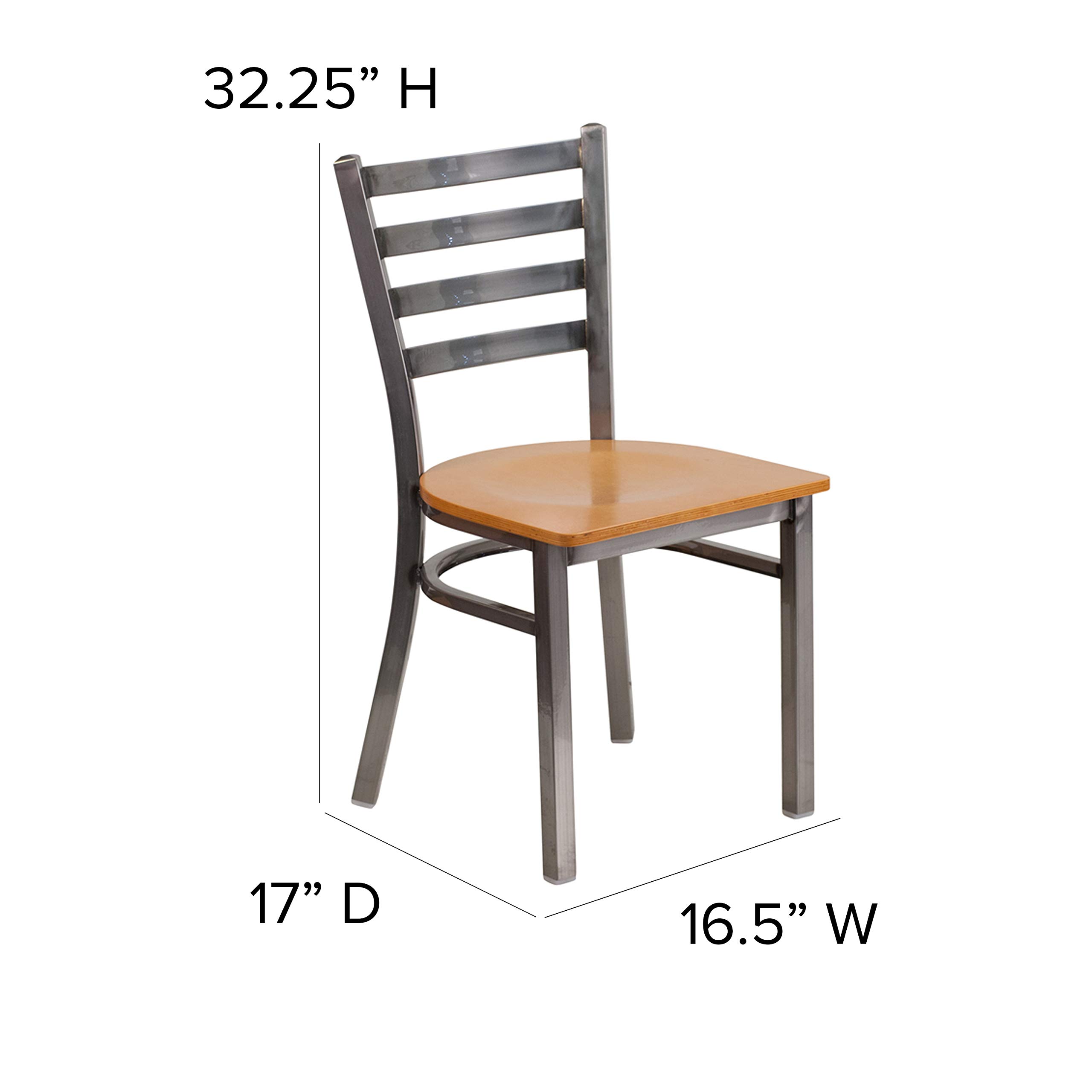 EMMA + OLIVER Clear Coated Ladder Back Metal Dining Chair with Natural Wood Seat - Modern Kitchen & Dining Room Furniture for Home, Restaurant & Cafe Use