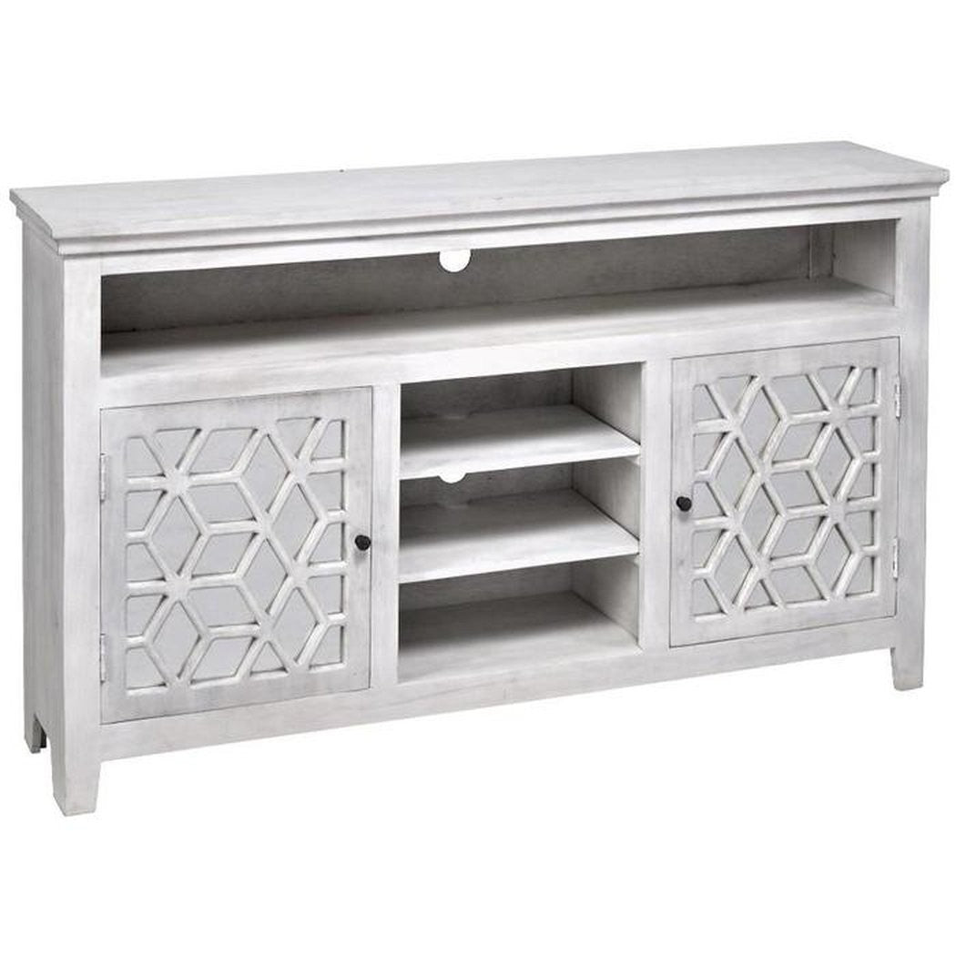 French Arched Hand Carved Indian Solid Wood TV Stand Cabinet in White - Elegant Living Room Entertainment Center for Flat Screen TVs