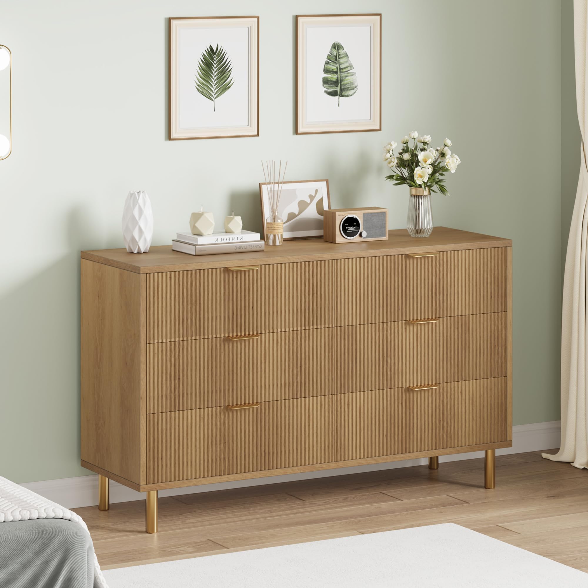 Modern 6-Drawer Wood Dresser with Gold Handles - Natural Finish Double Chest Storage Organizer for Bedroom, Living Room, Hallway & Entryway - Perfect for Home Organization and Stylish Decor