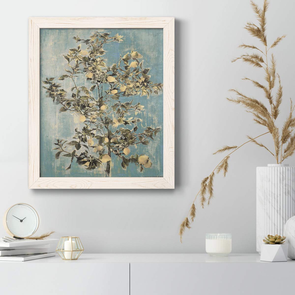 Abstract Geometric Wall Art - White Framed Canvas Print 17x20 Inches - Modern Bathroom Decor & Gallery Wall Décor - Trendy Eclectic Lemon Tree Design - Perfect for Living Room, Bedroom or Office