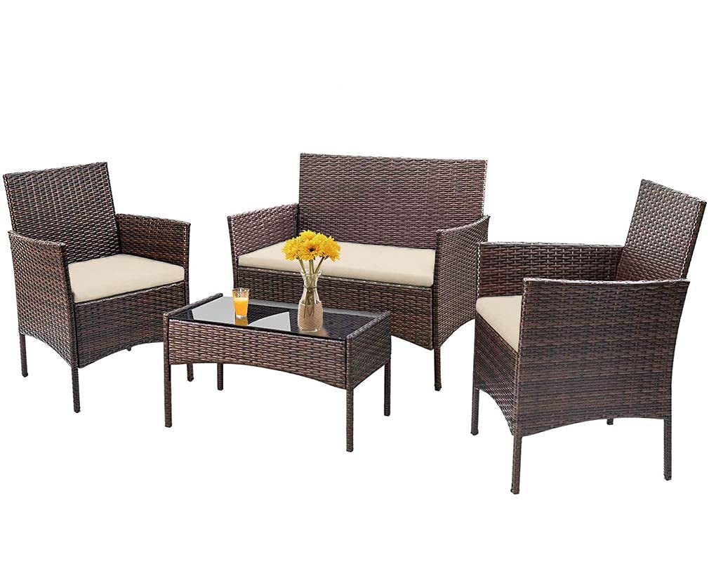 4-Piece Patio Furniture Set - Brown Wicker Rattan Outdoor Conversation Set with Cushions & Glass Coffee Table for Garden, Balcony, Porch, Poolside | Perfect for Relaxing, Entertaining & Outdoor Dining