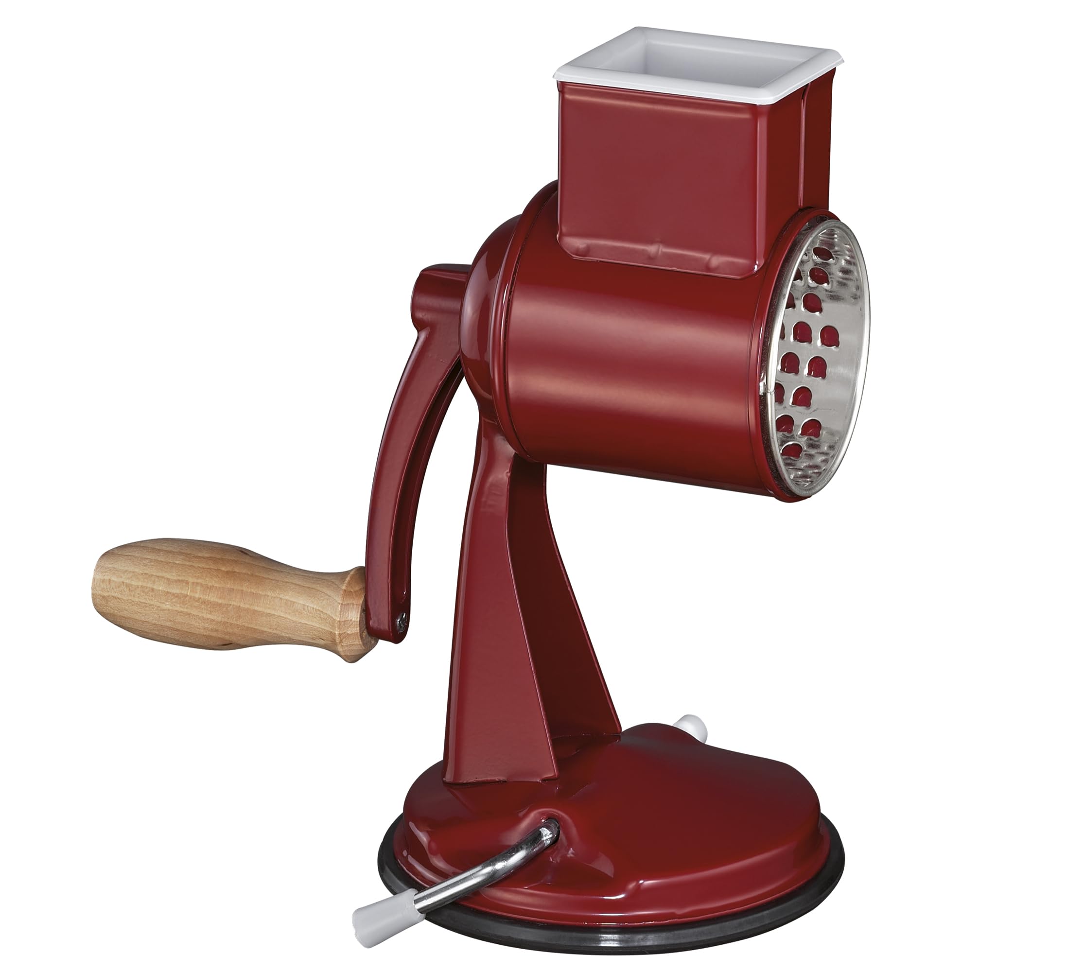 Zassenhaus Classic Manual Kitchen Grater - Stainless Steel Drum Grater with Beech Wood Handle, Suction Base, 2 Grating Drums & Pestle - Perfect for Grating Cheese, Slicing Vegetables, and Preparing Fresh Ingredients for Salads, Pasta, and Baking