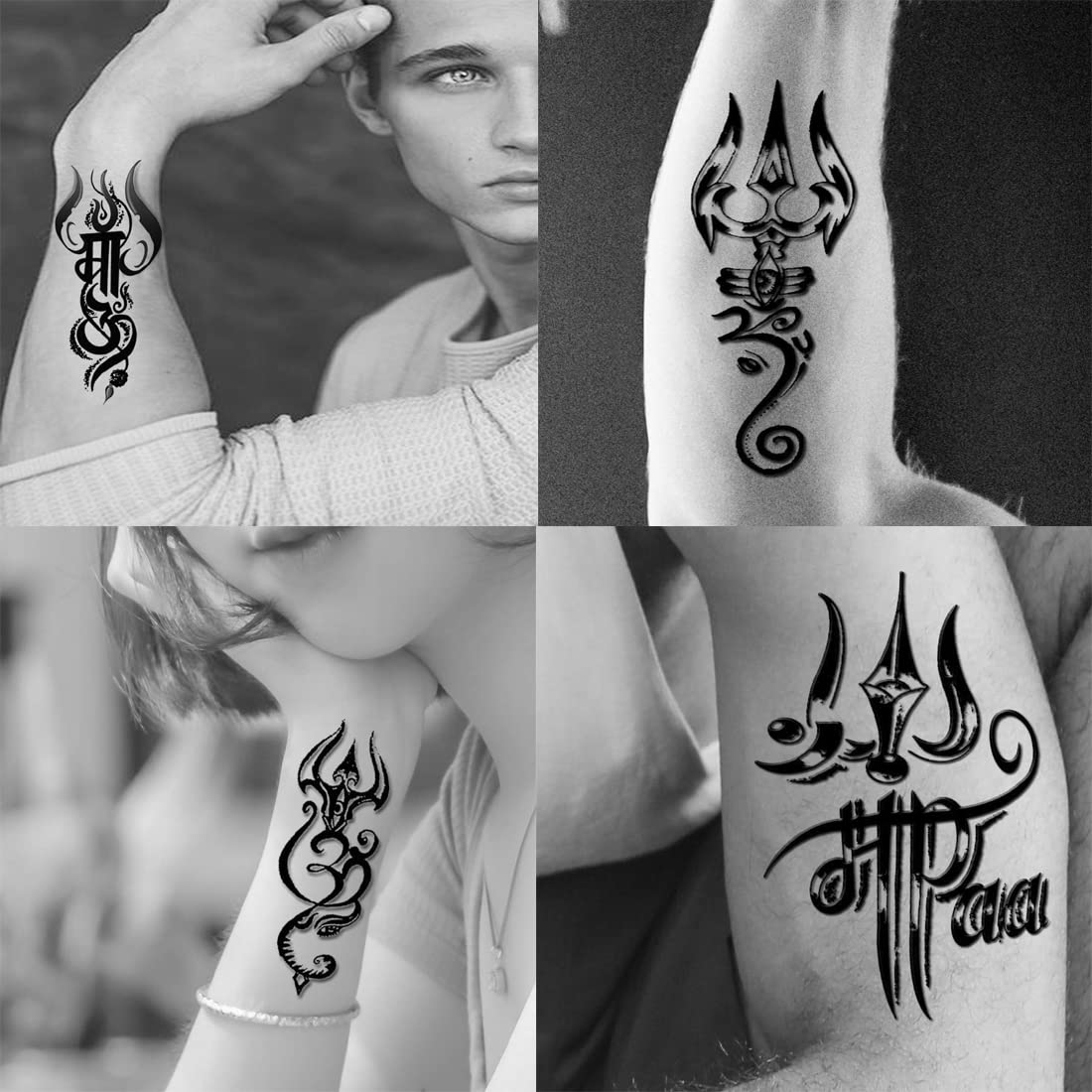 Shiv God Trishul Temporary Tattoo Pack of 4 - 2x4 Inch Waterproof Fake Tattoos for Hindu Festivals, Spiritual Events & Cosplay | Religious Body Art for Men & Women