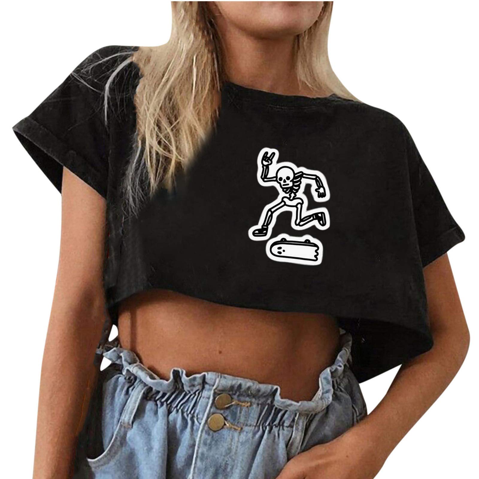 Women's Gothic Printed Short Sleeve Crop Top - Casual Summer T-Shirt Blouse for Women (Black, XS) | Perfect for Music Festivals, Streetwear & Gothic Fashion Outfits
