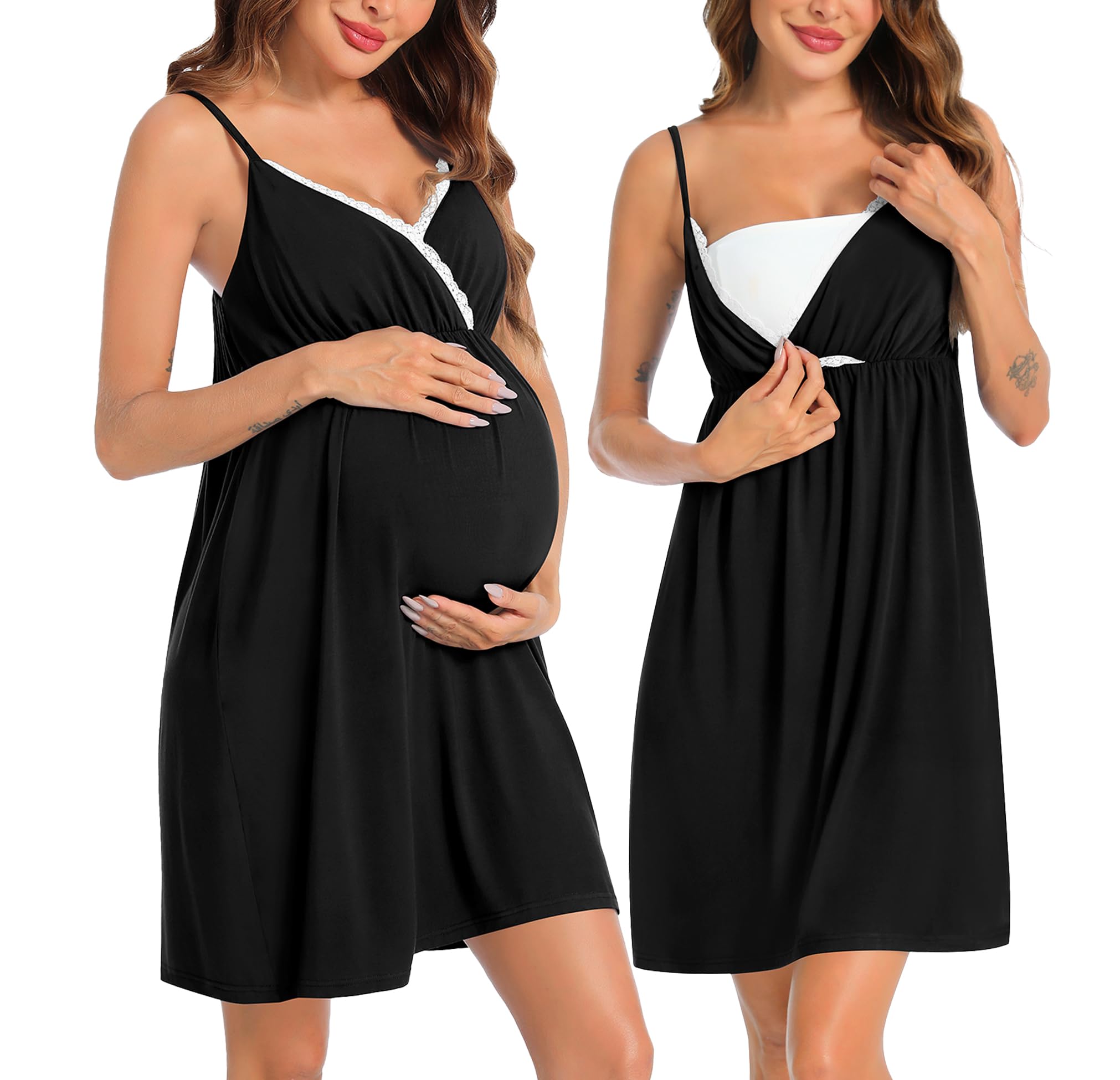 SWOMOG Women's Maternity Robe & Nursing Nightgown - 3-in-1 Breastfeeding Dress with Lace Trim, Labor Delivery Gown & Bathrobe for New Moms - Perfect for Hospital Stay, Nursing at Home and Postpartum Comfort