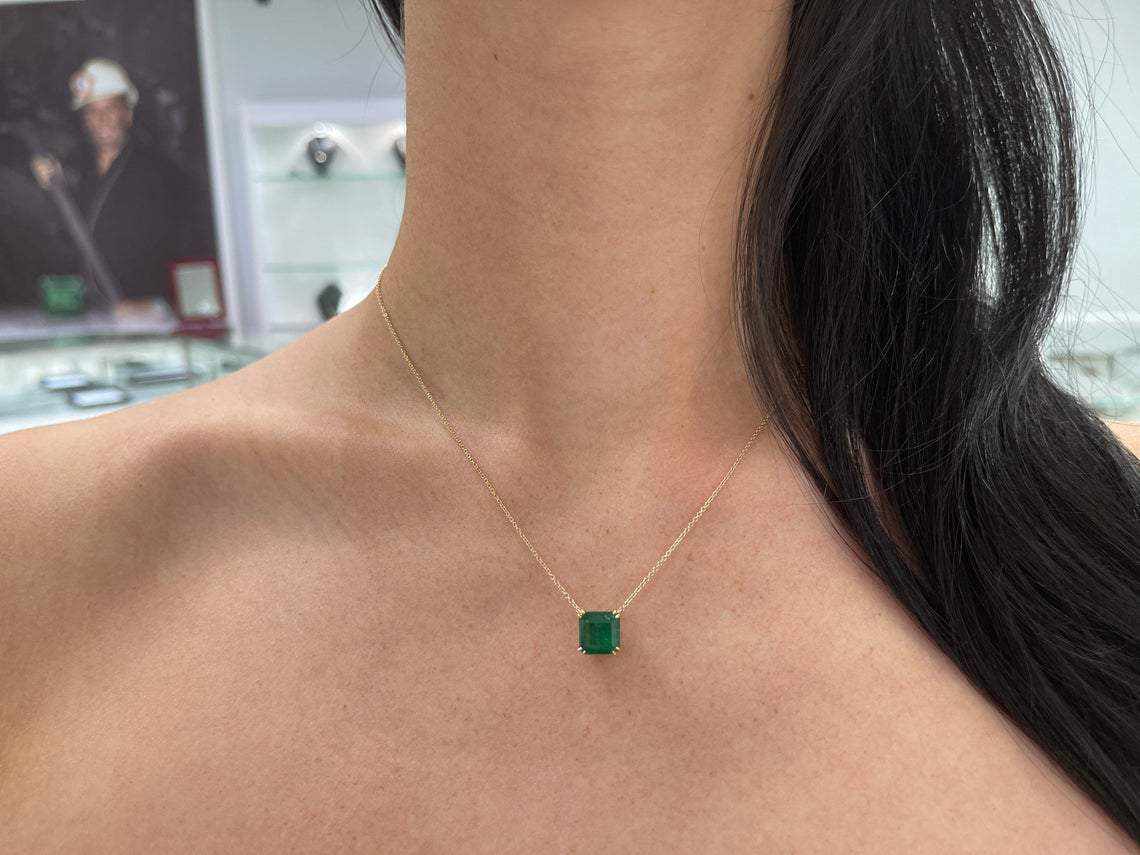 3.10 Carat Natural Dark Green Asscher Cut Solitaire Necklace in 14K Gold | Elegant Jewelry Gift for Women, Perfect for Weddings & Special Occasions