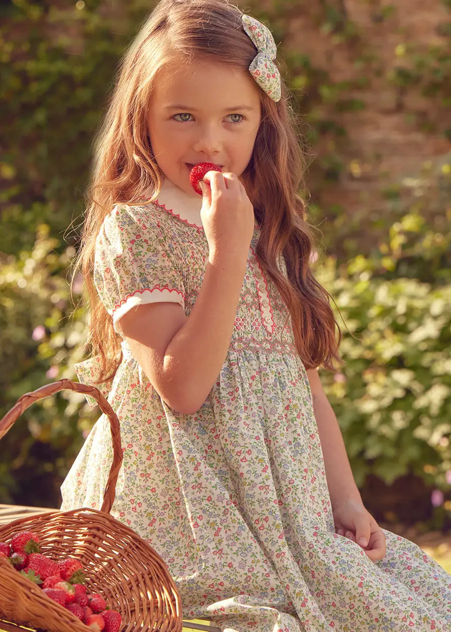 **Liberty Fabric Floral Hand Smocked Short Sleeve Dress for Girls - Cordelia Pink (12m-6yrs) | Perfect for Spring Outfits, Parties & Special Occasions**