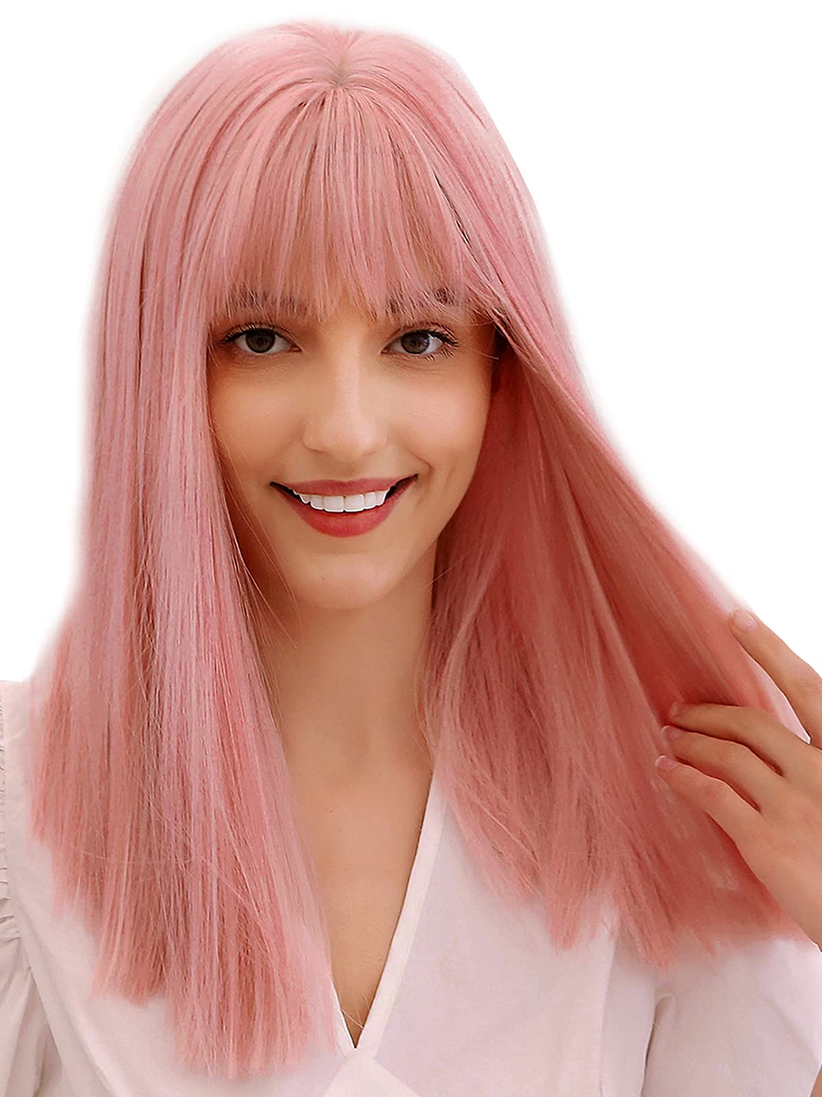 Happy Cherry Light Pink Long Straight Synthetic Wigs for Women with Bangs - Heat Resistant Natural Look Cosplay & Party Wig - Perfect for Halloween, Costume Parties, Anime Conventions and Daily Fashion