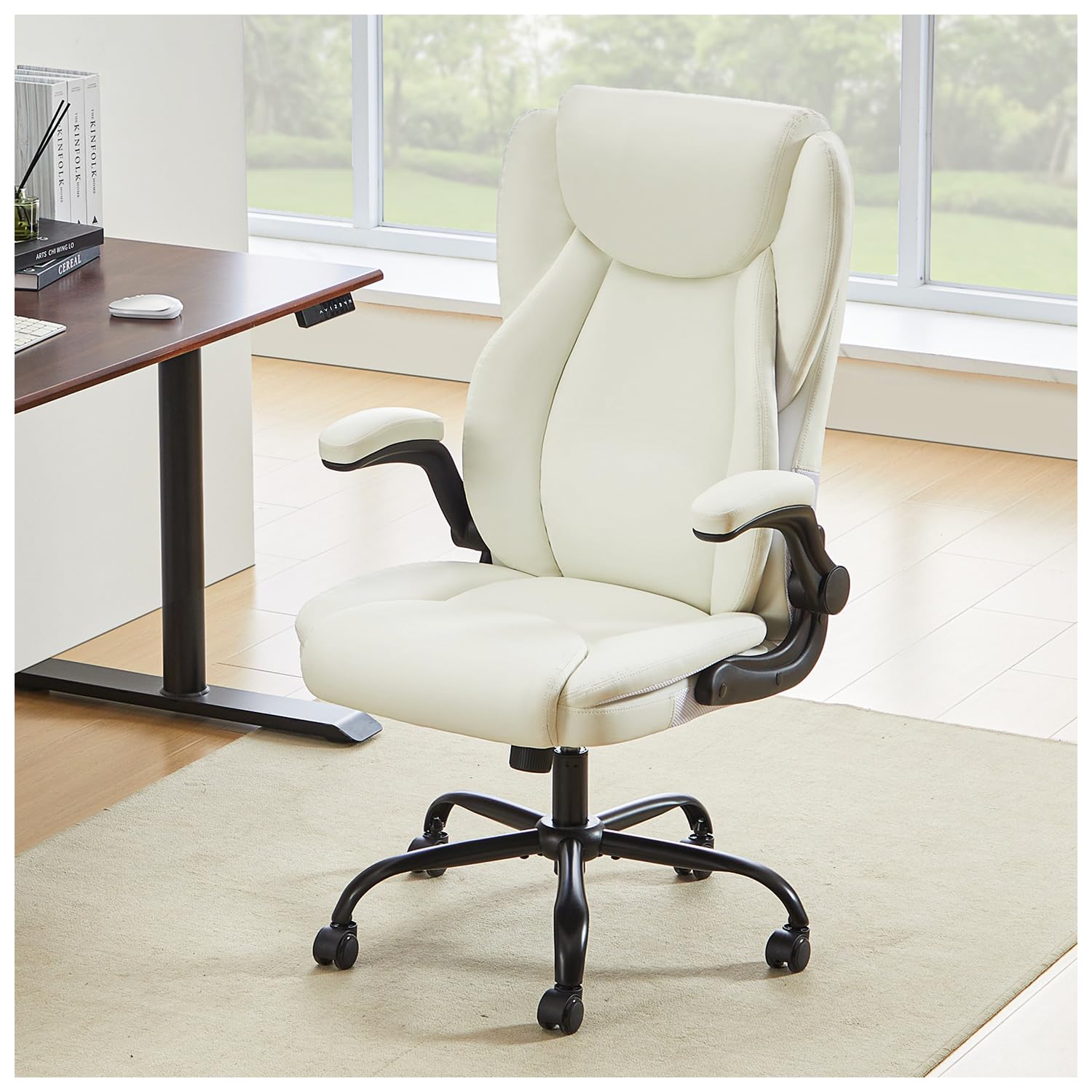 400lbs Heavy Duty Big and Tall Office Chair - Ergonomic Leather Computer Desk Chair with Flip-Up Arms, Adjustable Tilt Lock & Dual Lumbar Support - Swivel Executive Chair for Adults Working from Home or Studying (White) - Perfect for Home Office, Gaming Setup & Long Work Sessions