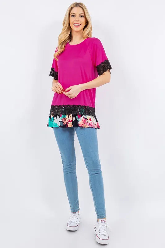 Celeste Plus Size Lace Trim Short Sleeve Blouse - Floral Embroidered Women's Tops for Casual Wear & Summer Outfits