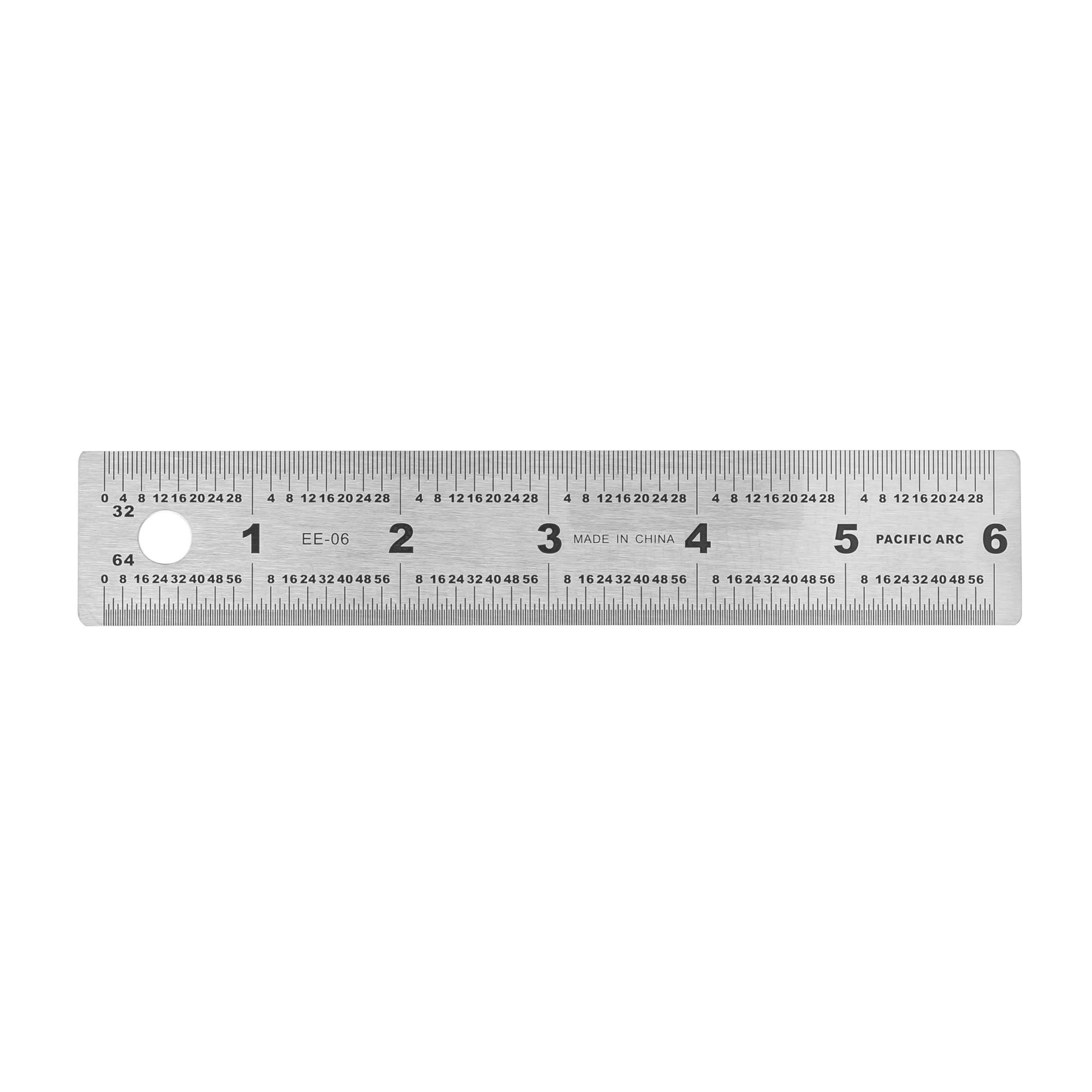 Pacific Arc 6 Inch Stainless Steel Ruler with 32nd & 64th Inch Graduations - Non-Slip Rubber Back for Precision Measuring - Perfect for Engineering, Drafting, Woodworking & School Projects