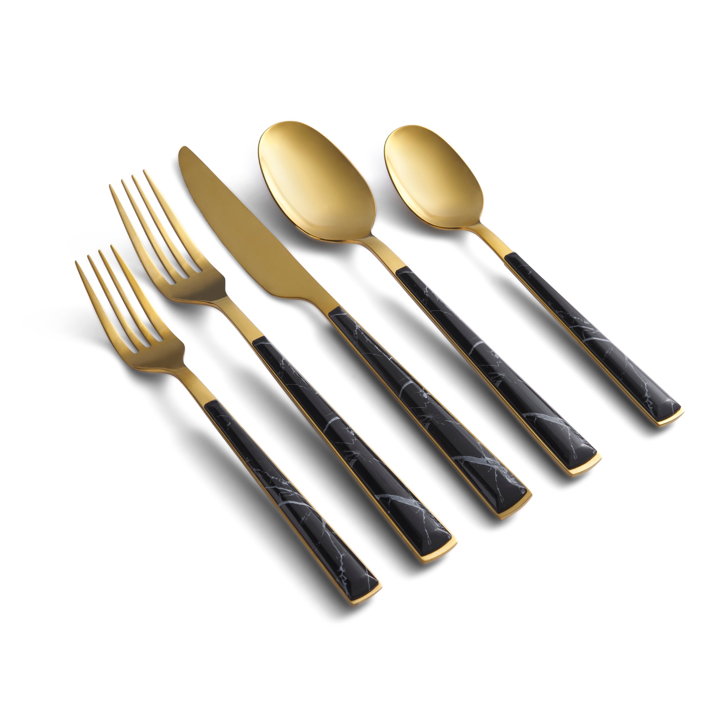 Premium 20-Piece Flatware Set with Gold Finish & Black Marble Handles - Elegant Dining Utensils for Dinner Parties, Weddings, and Special Occasions