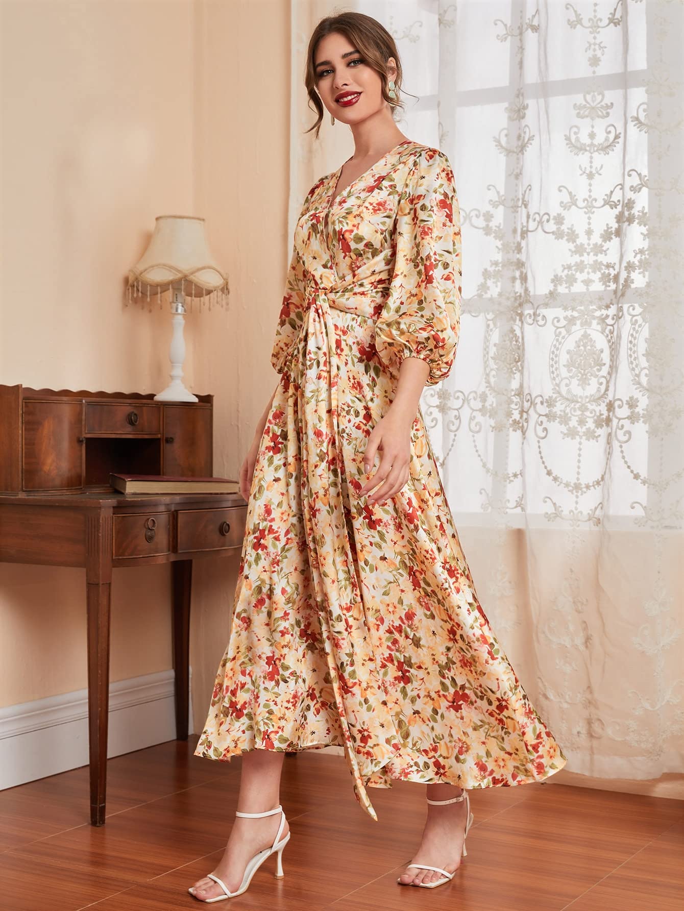 Floral Print Summer Dresses for Women 2024 - Lantern Sleeve Knot Front Casual Dress (Multicolor, XS) | Beach Vacation, Garden Party & Date Night Outfits