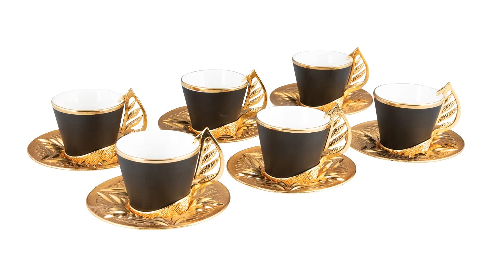 Premium Black Espresso Coffee Cups with Saucers Set of 6 - Elegant Porcelain Turkish Arabic Greek Coffee Cups for Home, Office, Cafe - Perfect Wedding, Housewarming & Hostess Gifts for Women & Men - Gold Trimmed Luxury Coffee Set for Entertaining Guests & Daily Use