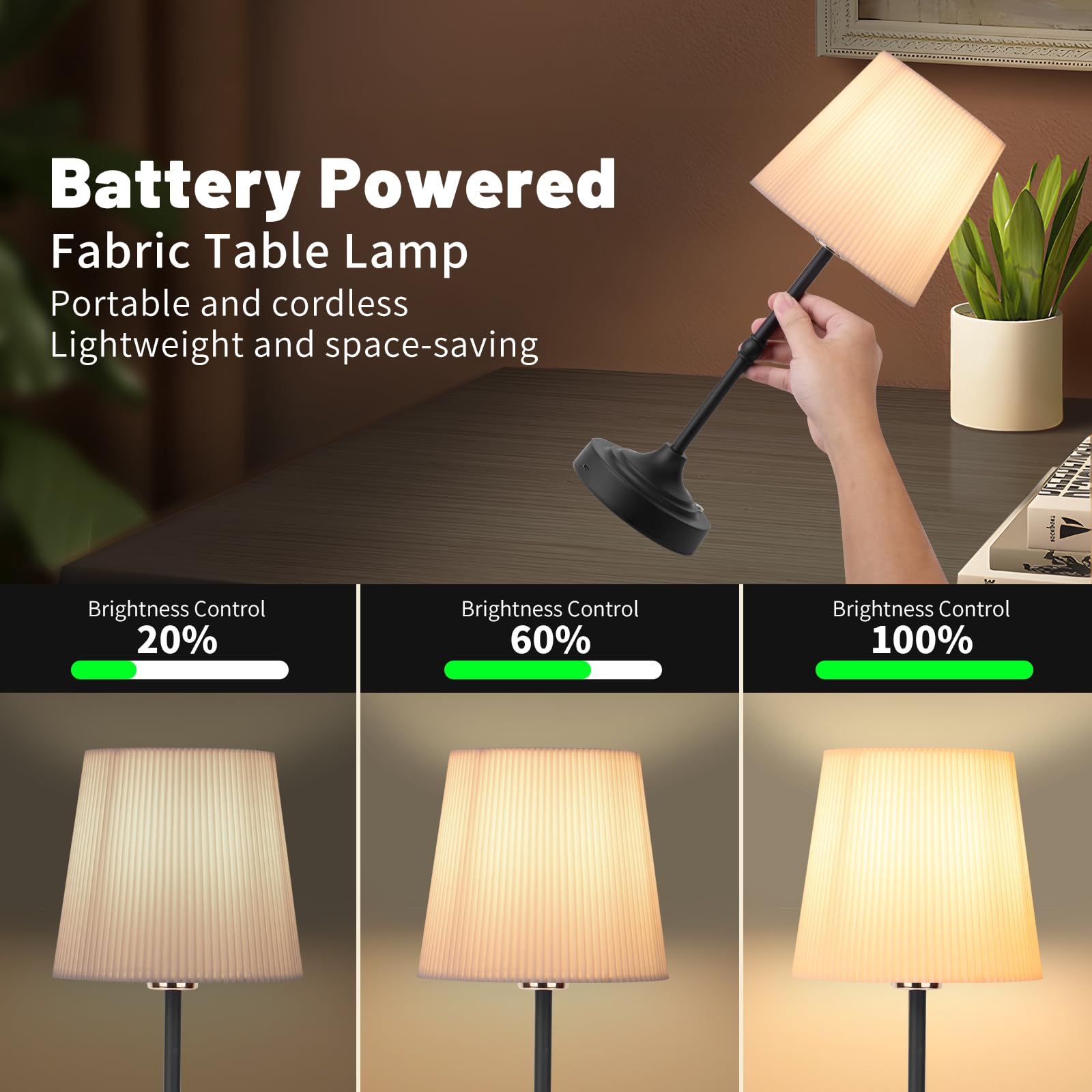 Rechargeable Cordless LED Desk Lamp with Dimmer - 3 Brightness Levels, Antique Brass Finish (Black) - Perfect for Bedside, Office, Restaurant & Patio Lighting