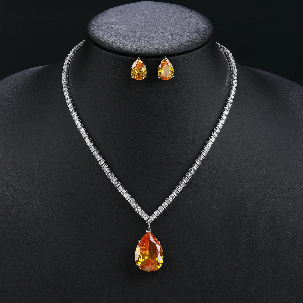 Elegant CZ Water Drop Cubic Zirconia Pendant Necklace & Earrings Set - Women's Bridal Wedding Jewelry Gift - Perfect for Weddings, Anniversaries and Special Occasions