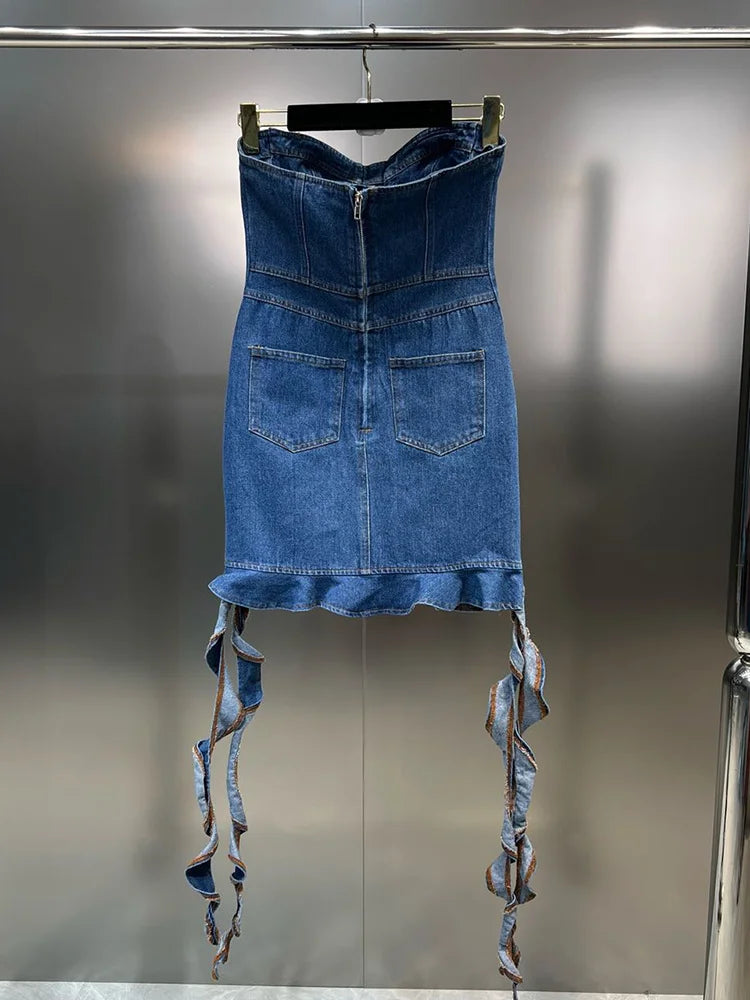 Trendy Strapless Denim Dress for Women with Waist Pocket & Spiral Decoration - Back Zipper Spring Fashion | Casual Outing, Date Night, Summer Party Wear