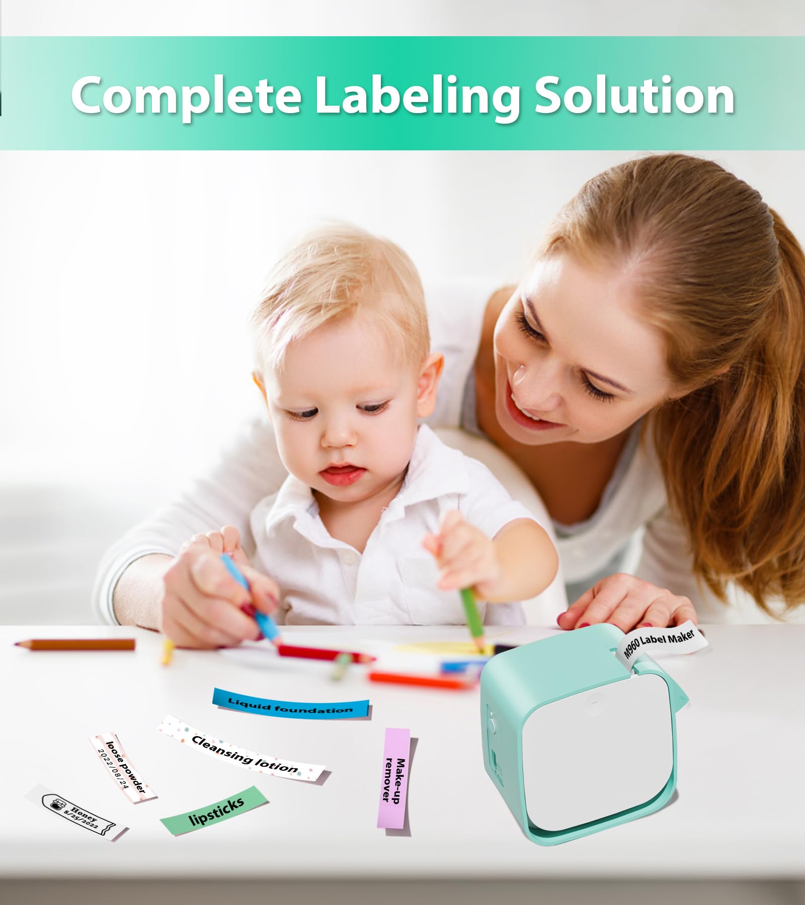 Rechargeable Bluetooth Label Maker Machine with Tape - Portable M960 Mini Label Printer for Home, School, Office & Kids Organization | Compatible with iOS & Android | Multiple Font Styles for Custom Labels | Perfect for Organizing Pantry, Classroom Supplies & Toy Storage