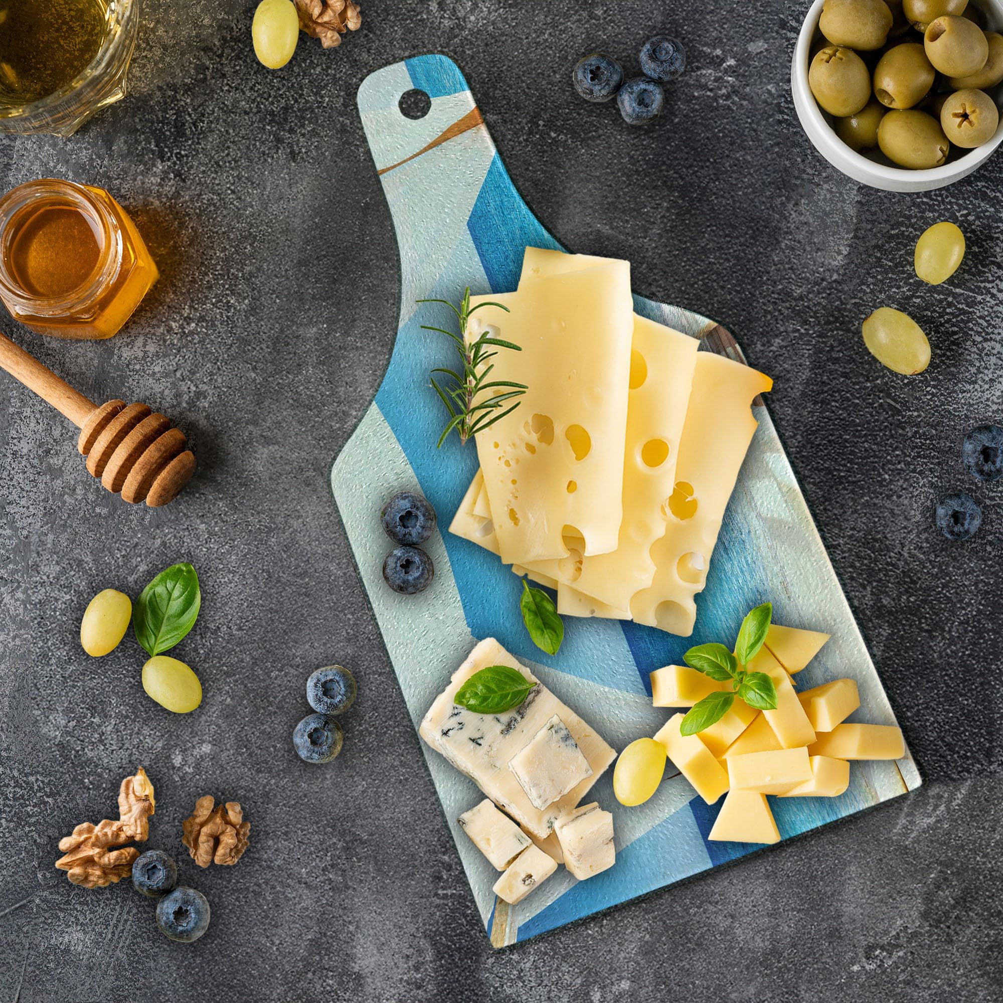 Ambesonne Balinese Beach Cutting Board - Tempered Glass Decorative Serving Board with Summer Sunshine & Clear Sky Design, Wine Bottle Shape in Blue & White | Perfect for Kitchen, Dining, Wine & Cheese Parties, Spa-Themed Decor