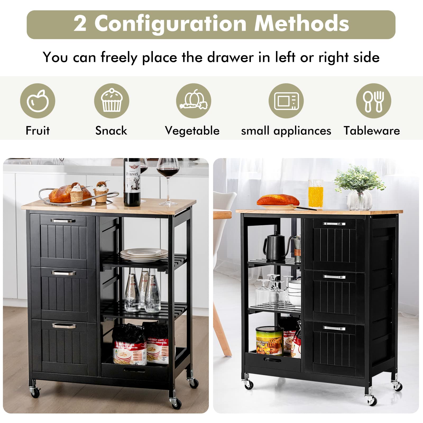 PETSITE Kitchen Island Cart with Storage & Wheels - Rolling Small Island Table with Drawers & Shelves for Home Kitchen, Dining Room or Small Apartment - Black Mobile Kitchen Organizer for Cooking, Baking & Food Prep