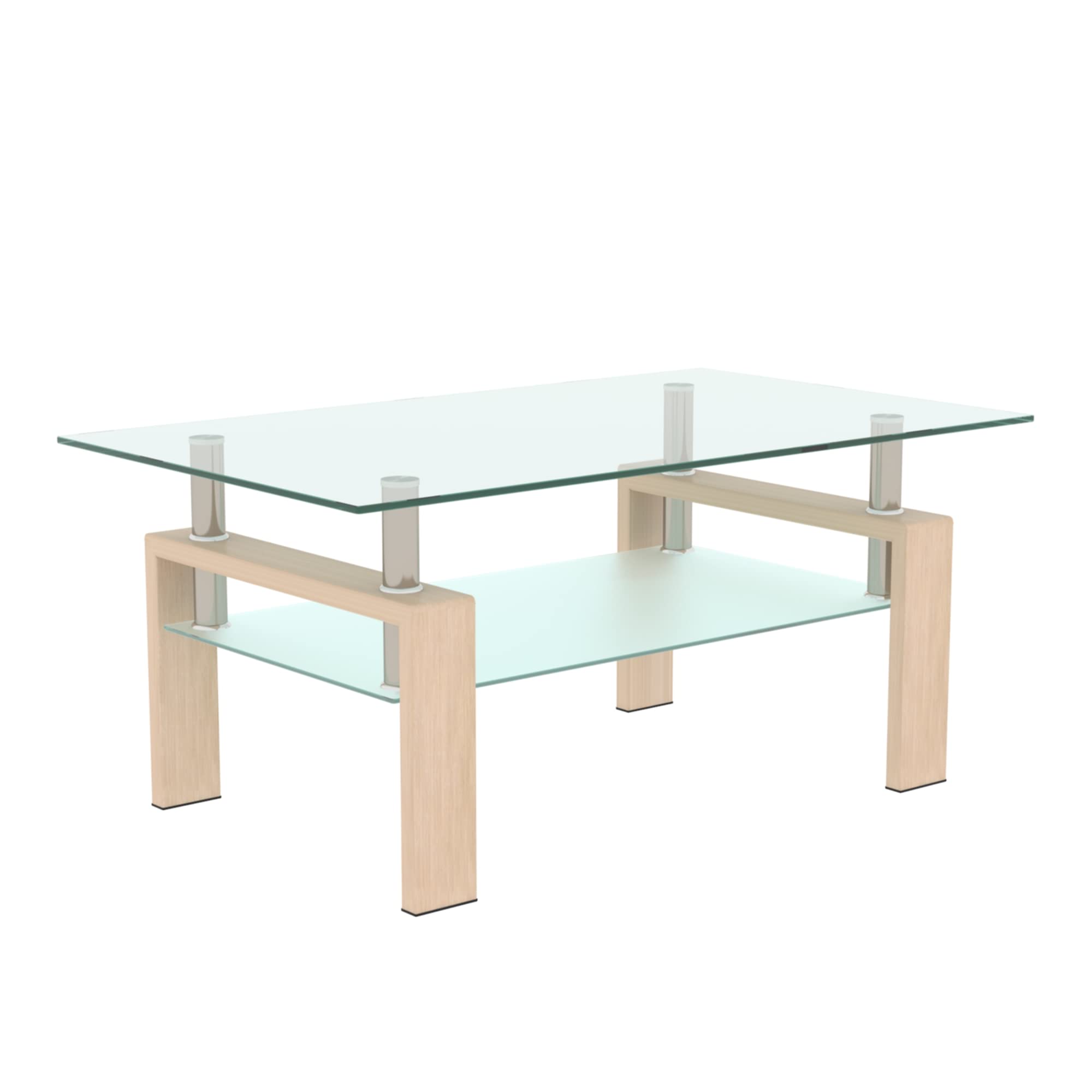 Modern Rectangle Black Glass Coffee Table with Oak Tube Frame - Clear Center Table for Living Room, Perfect for Small Spaces, Apartments & Lounge Areas