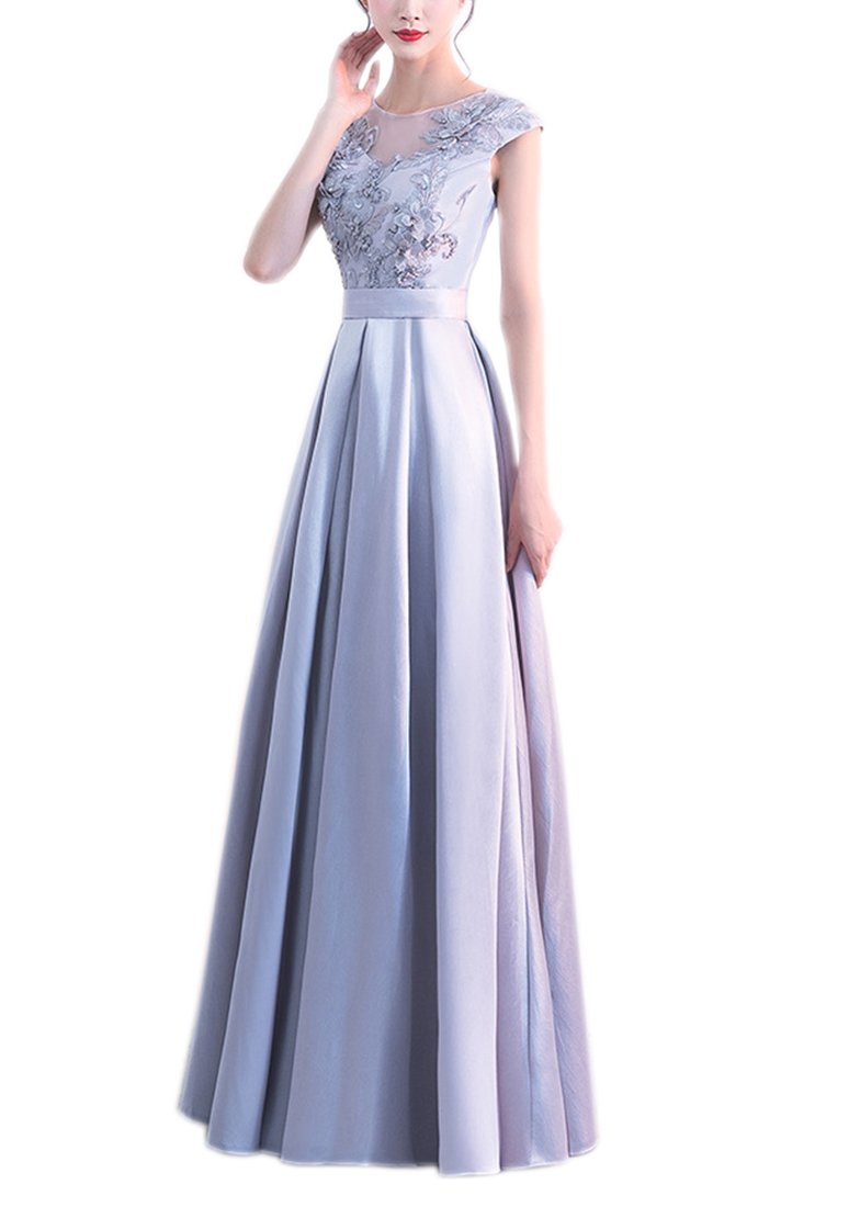 Elegant Gray Long Bust Flower Wedding Dress with Round Neck Lace for Evening Gown | Perfect for Bridal, Prom, Formal Events and Special Occasions