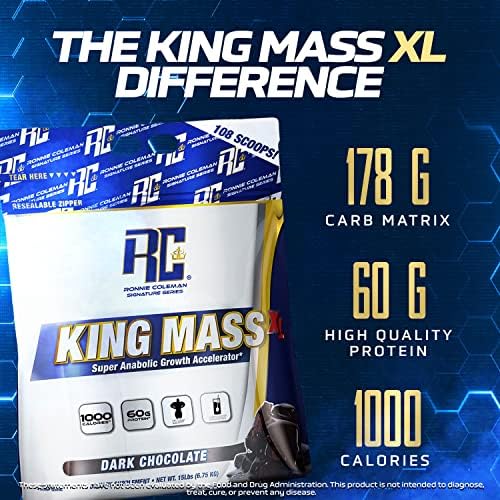 Ronnie Coleman King Mass XL Protein Powder - 20lb Dark Chocolate | Weight & Muscle Gainer with 60g Protein, 180g Carbs, 1000+ Calories | Creatine & Glutamine Formula | Ideal for Bodybuilding, Post-Workout Recovery & Bulking Phases