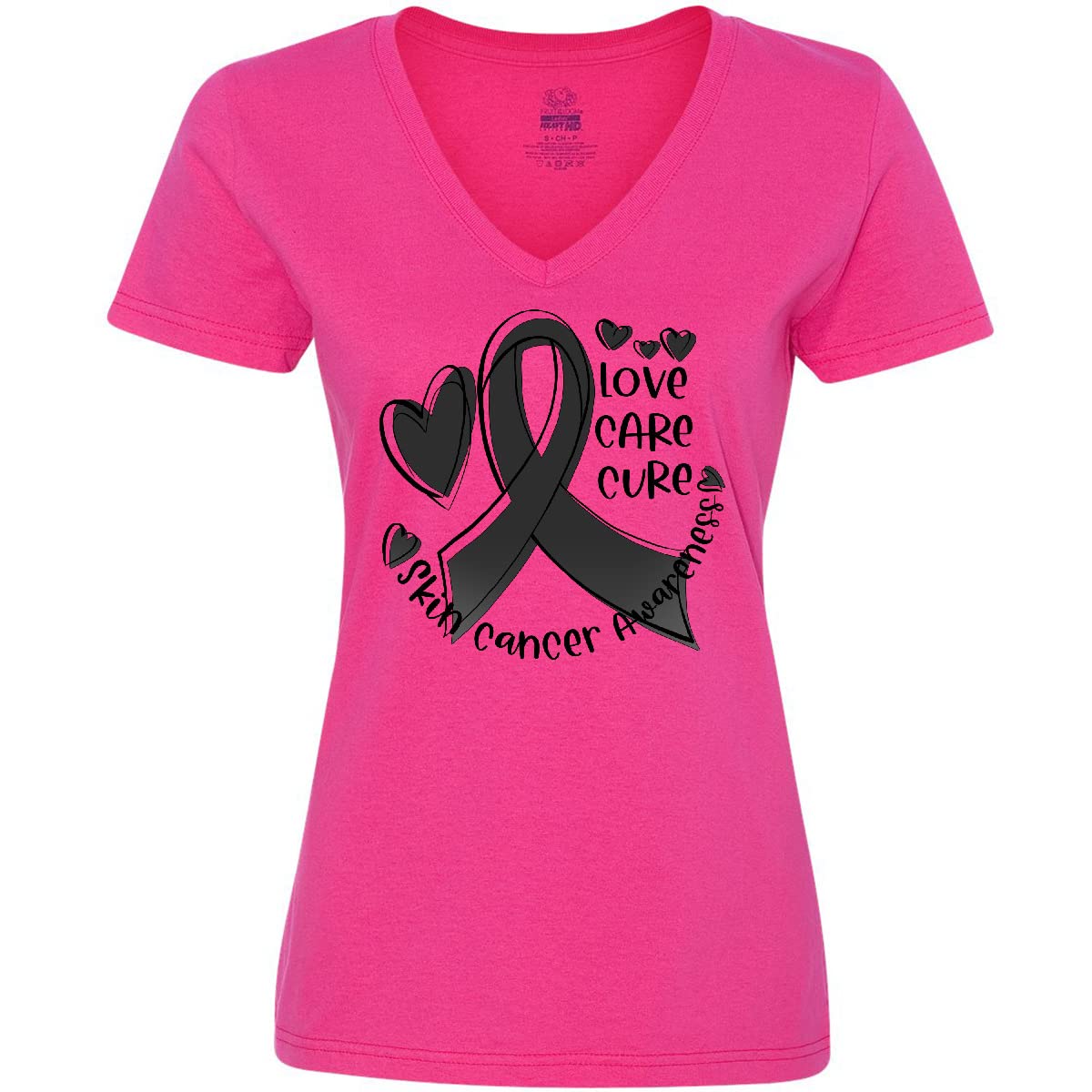 Inktastic Love, Care, Cure Skin Cancer Awareness Black Women's V-Neck T-Shirt - Comfortable & Stylish Tee for Breast Cancer Support, Fundraising Events & Everyday Wear